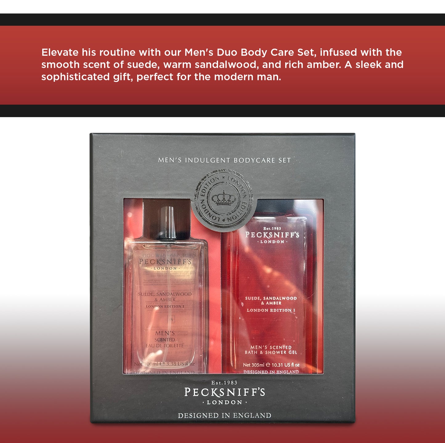 Pecksniff’s Men’s London Edition Fragrance Duo Gift Set – Suede, Sandalwood & Amber, Eau de Toilette 100ml & Bath & Shower Gel 300ml