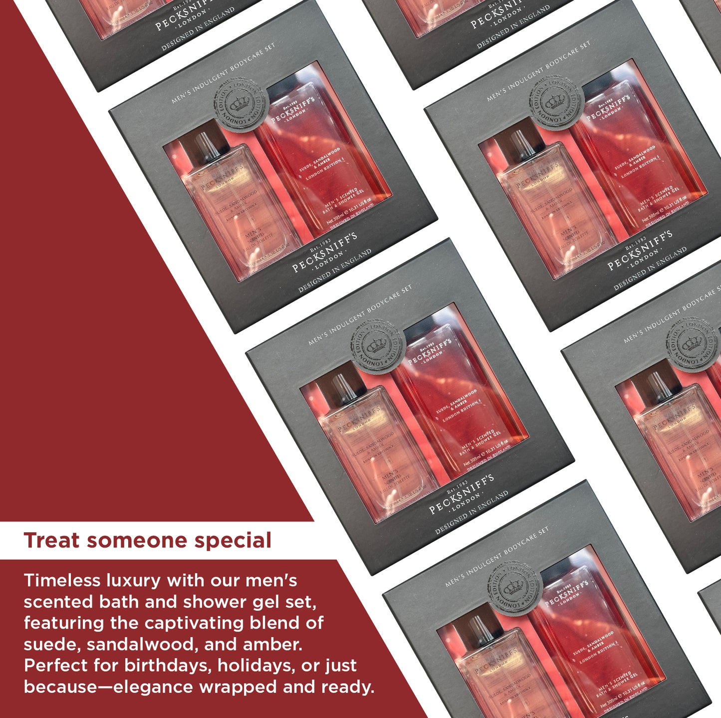 Pecksniff’s Men’s London Edition Fragrance Duo Gift Set – Suede, Sandalwood & Amber, Eau de Toilette 100ml & Bath & Shower Gel 300ml