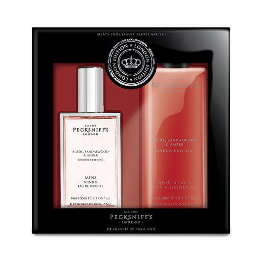 Pecksniff’s Men’s London Edition Fragrance Duo Gift Set – Suede, Sandalwood & Amber, Eau de Toilette 100ml & Bath & Shower Gel 300ml
