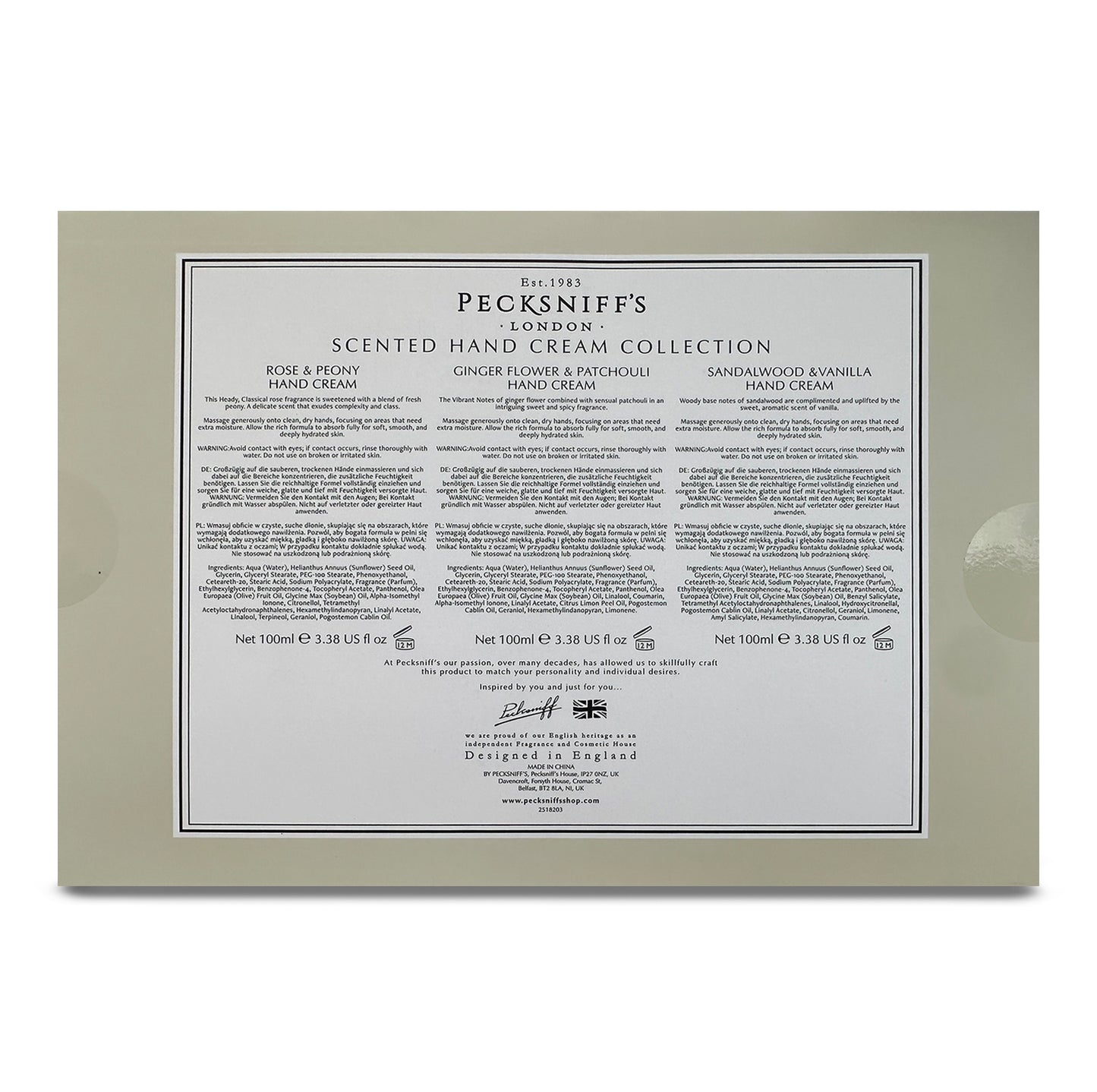 Pecksniff’s Hand Cream Collection – 3 Piece Gift Set, Moisturizing Hand Cream 100ml Tubes – Rose & Peony, Sandalwood & Vanilla, Ginger Flower & Patchouli – Luxury Skincare Gift for Women & Men