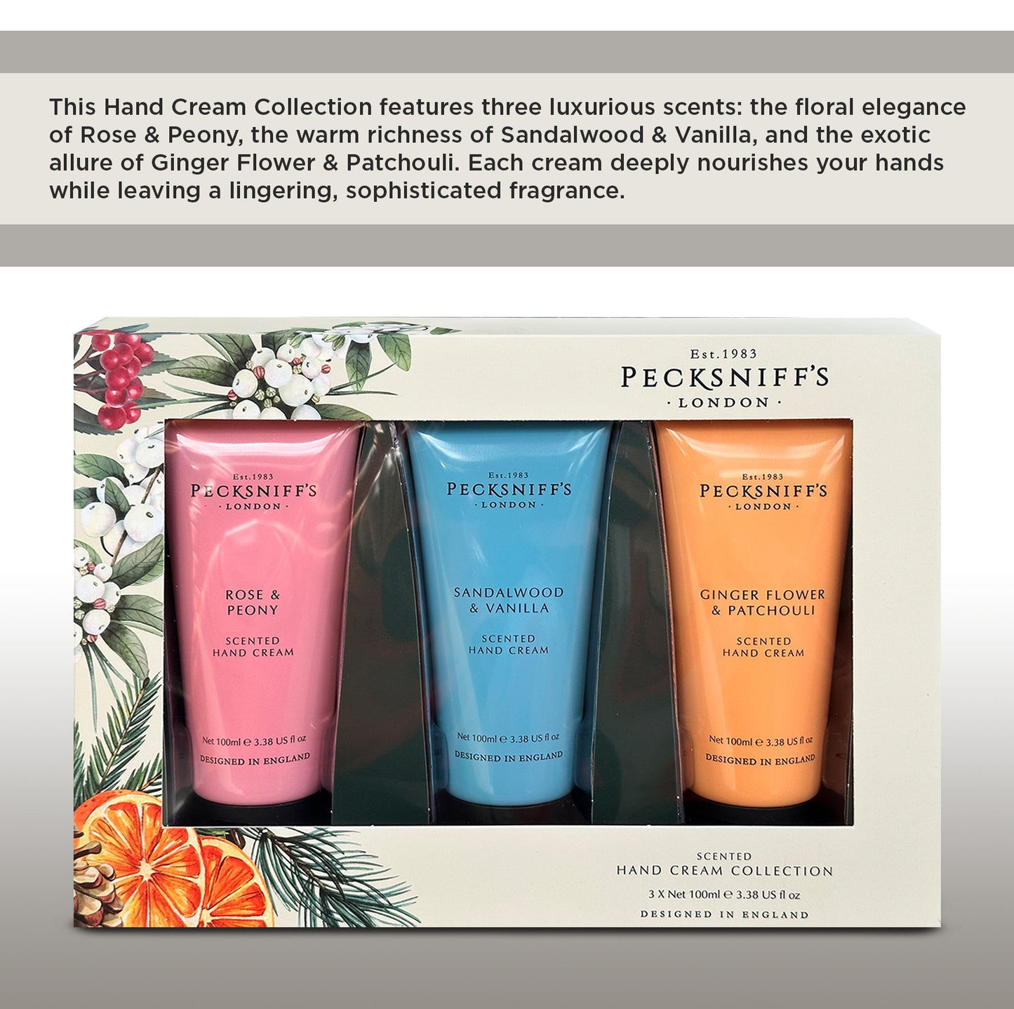 Pecksniff’s Hand Cream Collection – 3 Piece Gift Set, Moisturizing Hand Cream 100ml Tubes – Rose & Peony, Sandalwood & Vanilla, Ginger Flower & Patchouli – Luxury Skincare Gift for Women & Men