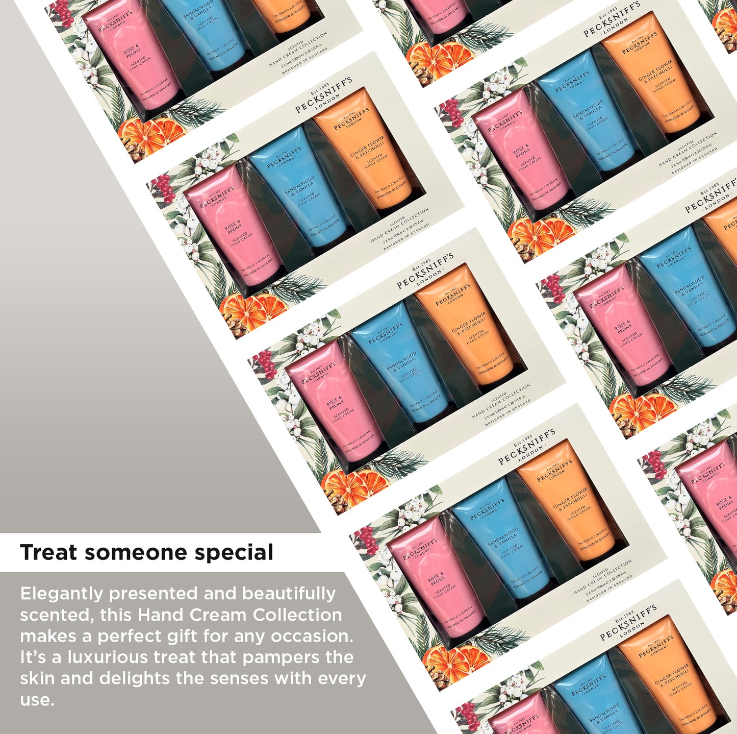 Pecksniff’s Hand Cream Collection – 3 Piece Gift Set, Moisturizing Hand Cream 100ml Tubes – Rose & Peony, Sandalwood & Vanilla, Ginger Flower & Patchouli – Luxury Skincare Gift for Women & Men