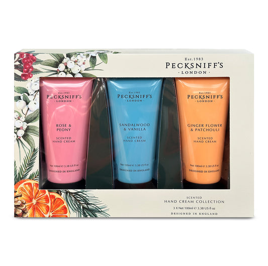 Pecksniff’s Hand Cream Collection – 3 Piece Gift Set, Moisturizing Hand Cream 100ml Tubes – Rose & Peony, Sandalwood & Vanilla, Ginger Flower & Patchouli – Luxury Skincare Gift for Women & Men