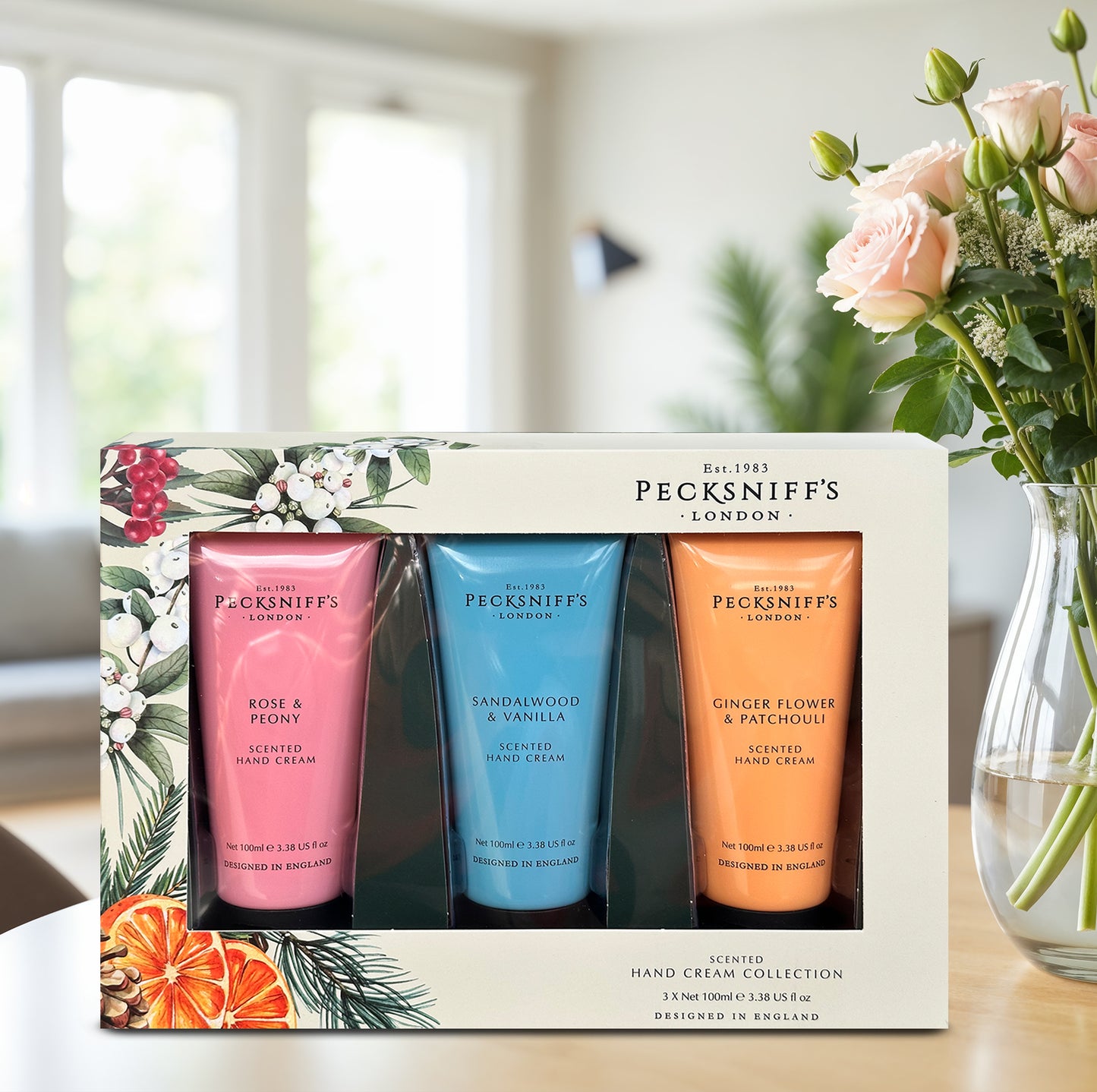 Pecksniff’s Hand Cream Collection – 3 Piece Gift Set, Moisturizing Hand Cream 100ml Tubes – Rose & Peony, Sandalwood & Vanilla, Ginger Flower & Patchouli – Luxury Skincare Gift for Women & Men