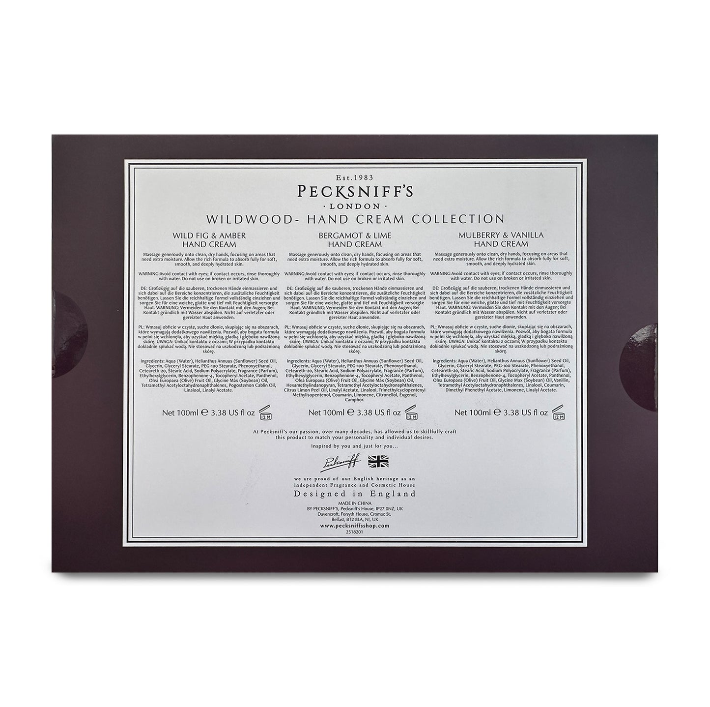 Pecksniff’s Luxury Hand Cream Gift Set – Wildwood Collection, 3 x 100ml Moisturizing Hand Creams – Wild Fig & Amber, Bergamot & Lime, Mulberry & Vanilla – Made in England Skincare for Women & Men