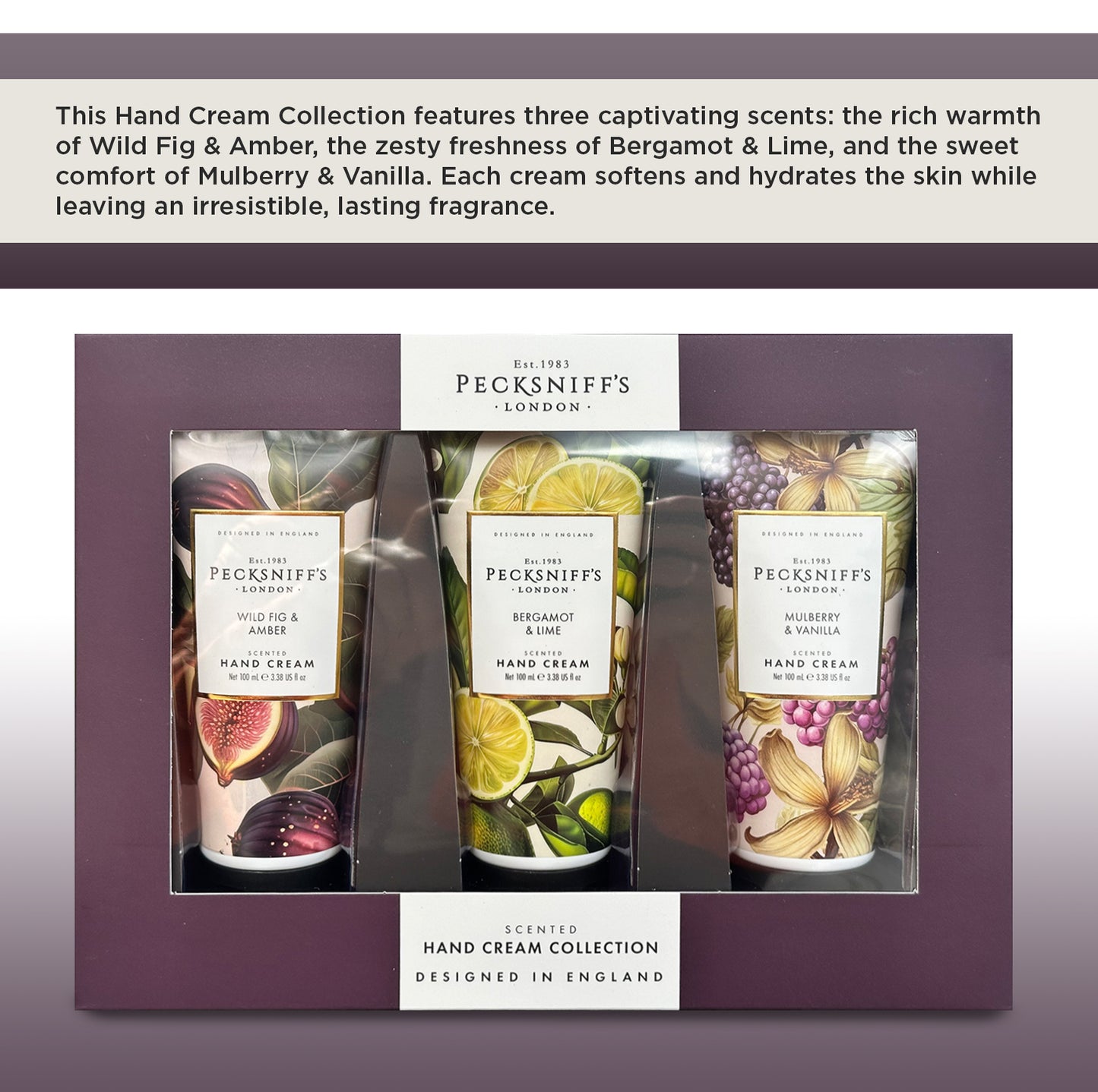 Pecksniff’s Luxury Hand Cream Gift Set – Wildwood Collection, 3 x 100ml Moisturizing Hand Creams – Wild Fig & Amber, Bergamot & Lime, Mulberry & Vanilla – Made in England Skincare for Women & Men