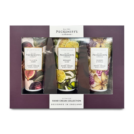 Pecksniff’s Luxury Hand Cream Gift Set – Wildwood Collection, 3 x 100ml Moisturizing Hand Creams – Wild Fig & Amber, Bergamot & Lime, Mulberry & Vanilla – Made in England Skincare for Women & Men