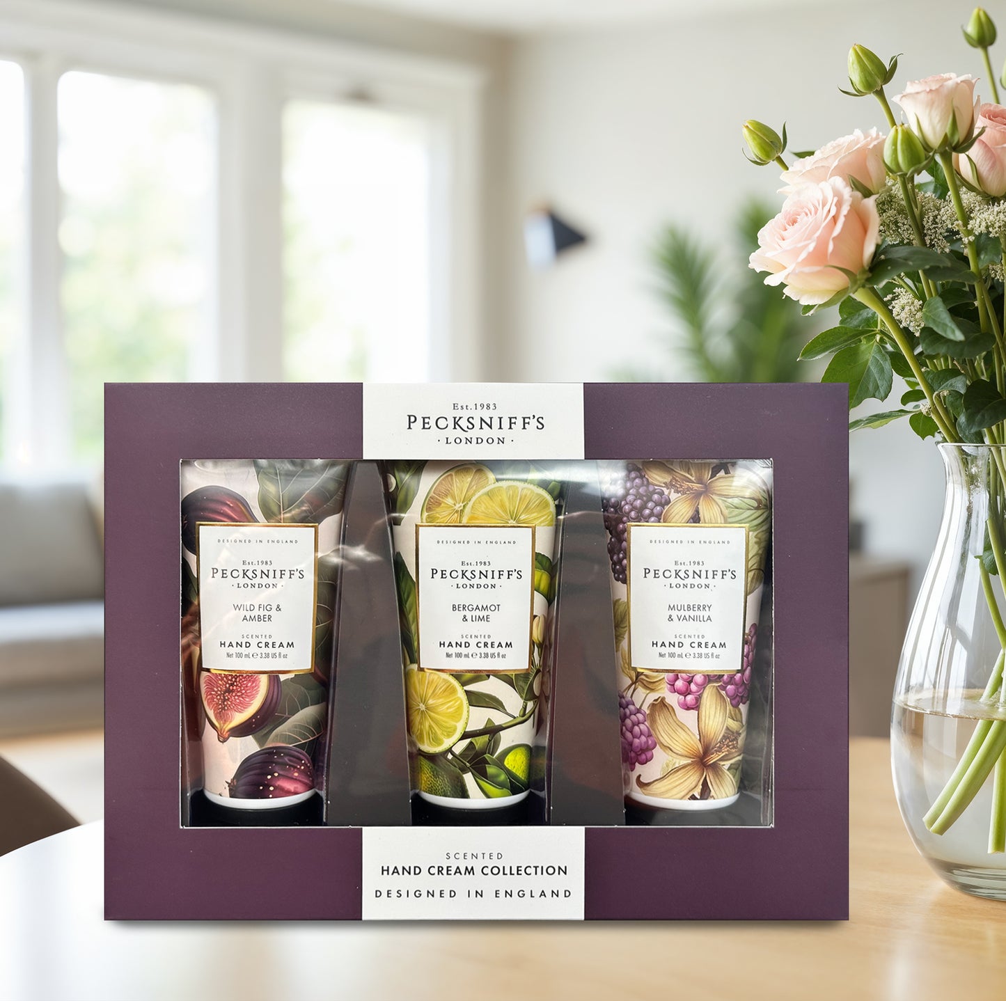 Pecksniff’s Luxury Hand Cream Gift Set – Wildwood Collection, 3 x 100ml Moisturizing Hand Creams – Wild Fig & Amber, Bergamot & Lime, Mulberry & Vanilla – Made in England Skincare for Women & Men