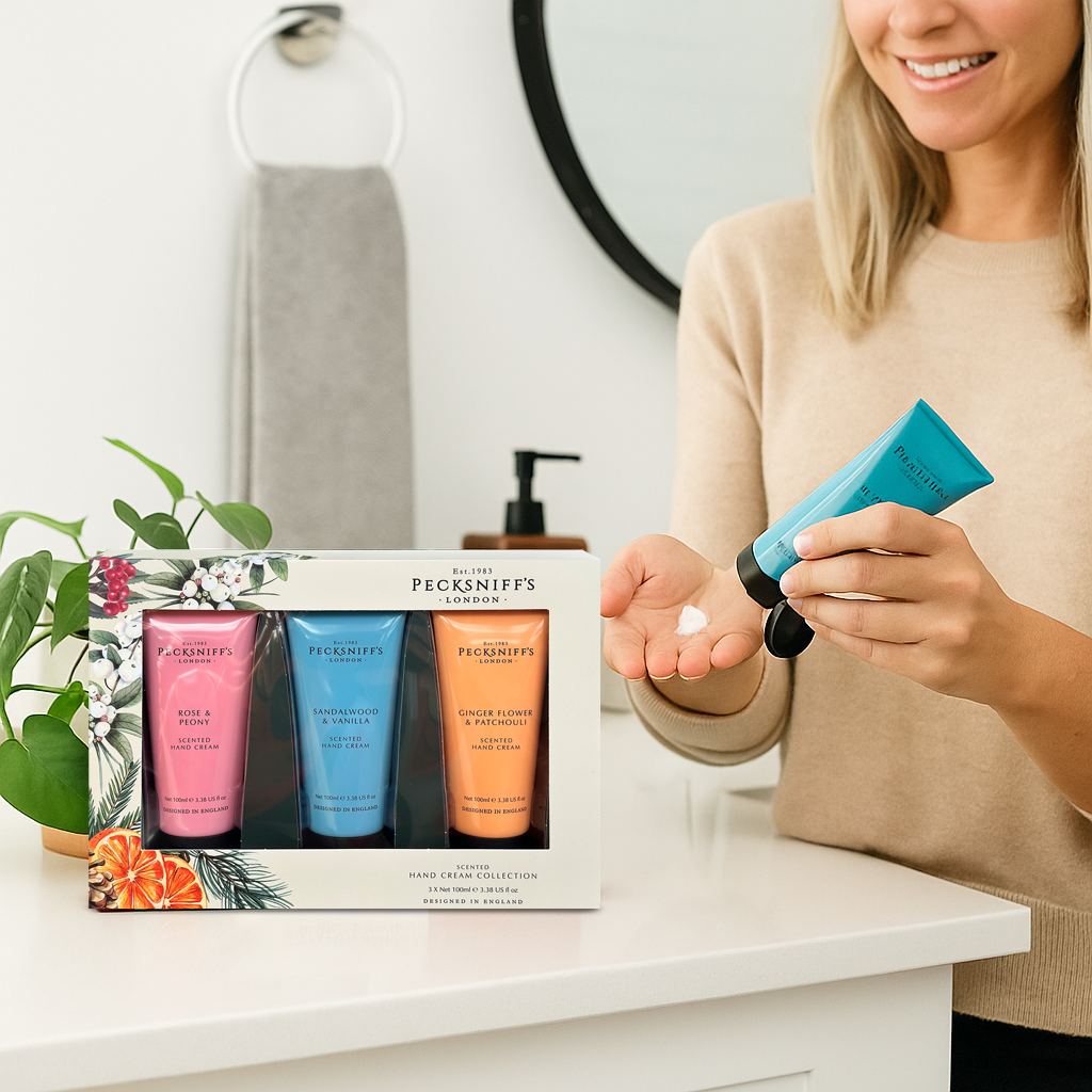 Pecksniff’s Hand Cream Collection – 3 Piece Gift Set, Moisturizing Hand Cream 100ml Tubes – Rose & Peony, Sandalwood & Vanilla, Ginger Flower & Patchouli – Luxury Skincare Gift for Women & Men