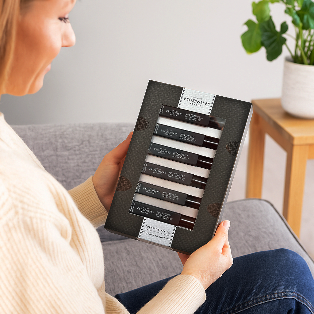Pecksniff’s Men’s Essentials Fragrance Gift Set – 6x10 ml Eau de Toilette Collection – Luxury Mini Cologne Sampler, Made in England
