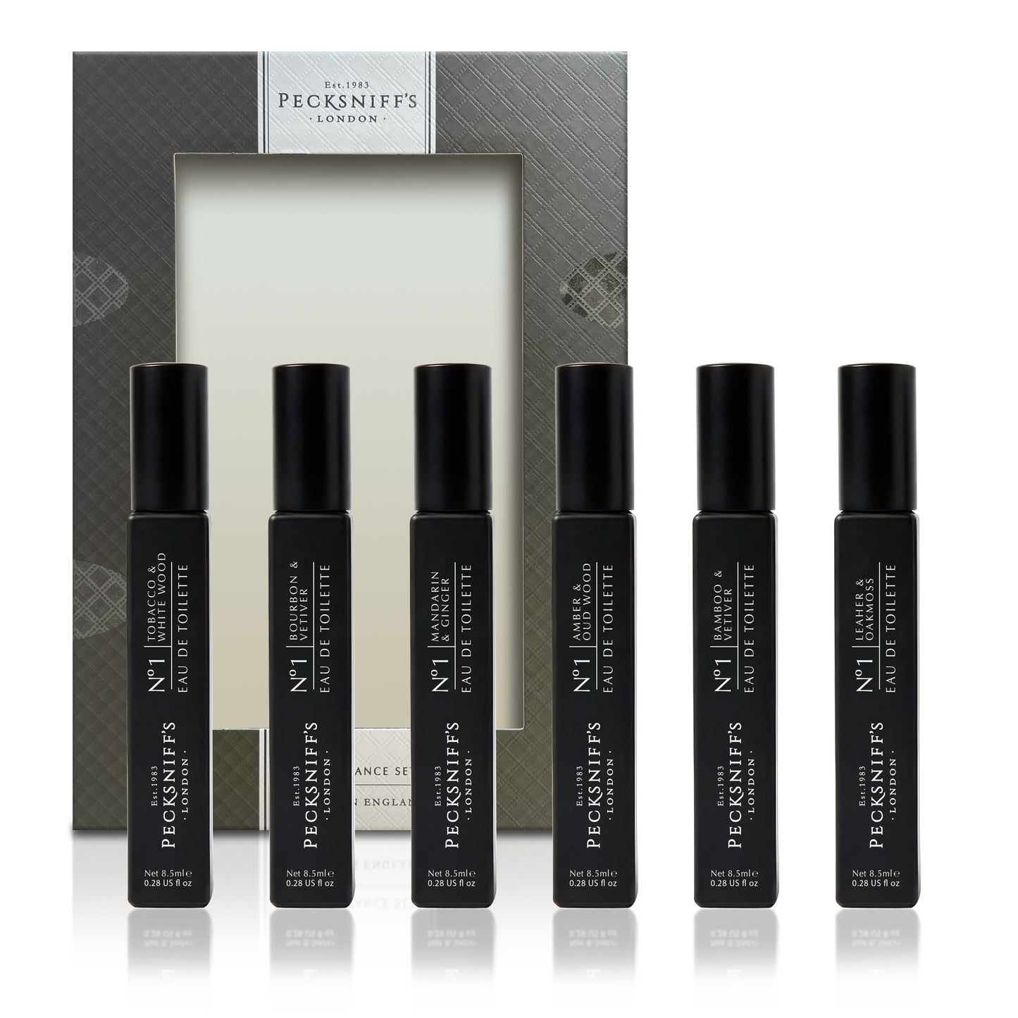 Pecksniff’s Men’s Essentials Fragrance Gift Set – 6x10 ml Eau de Toilette Collection – Luxury Mini Cologne Sampler, Made in England