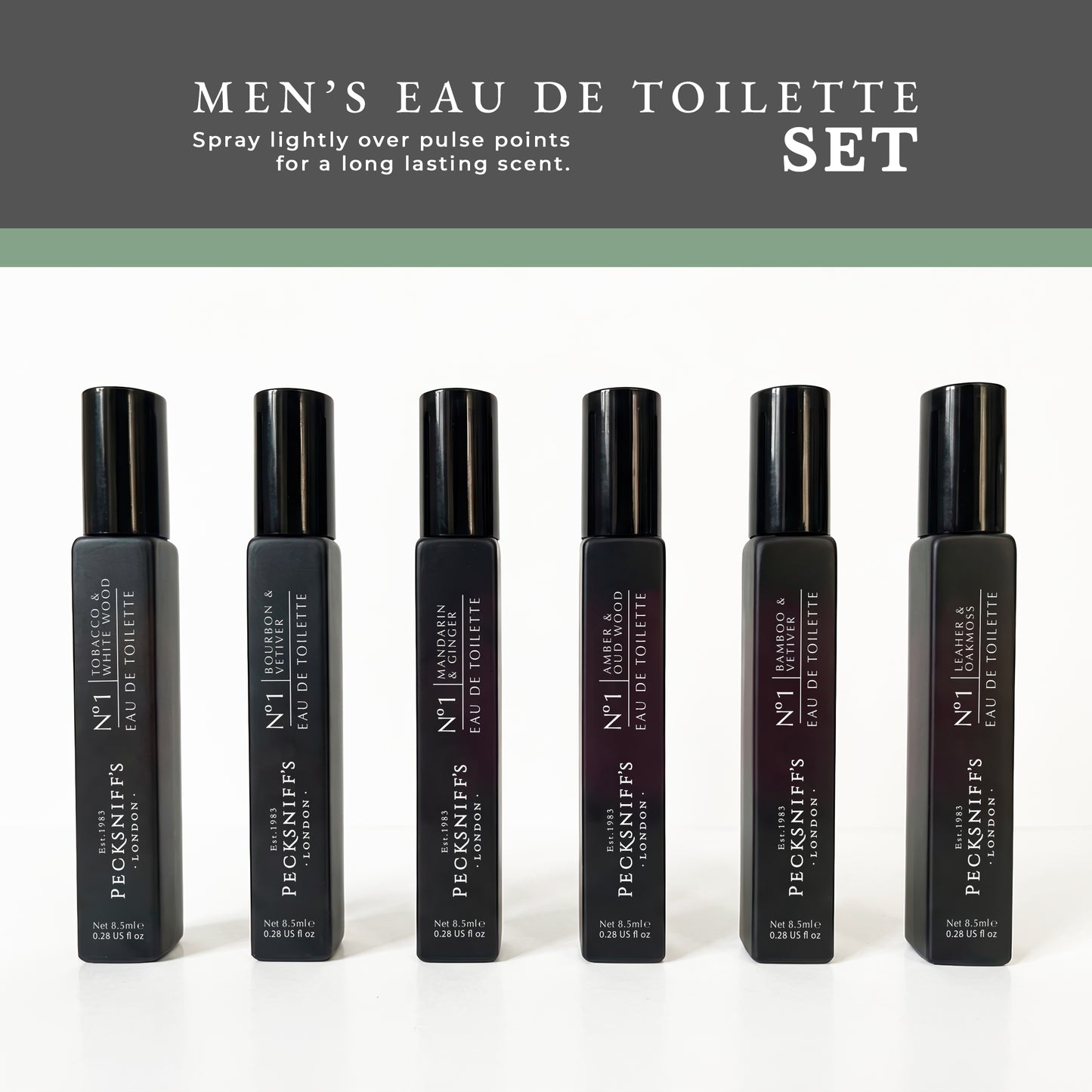 Pecksniff’s Men’s Essentials Fragrance Gift Set – 6x10 ml Eau de Toilette Collection – Luxury Mini Cologne Sampler, Made in England