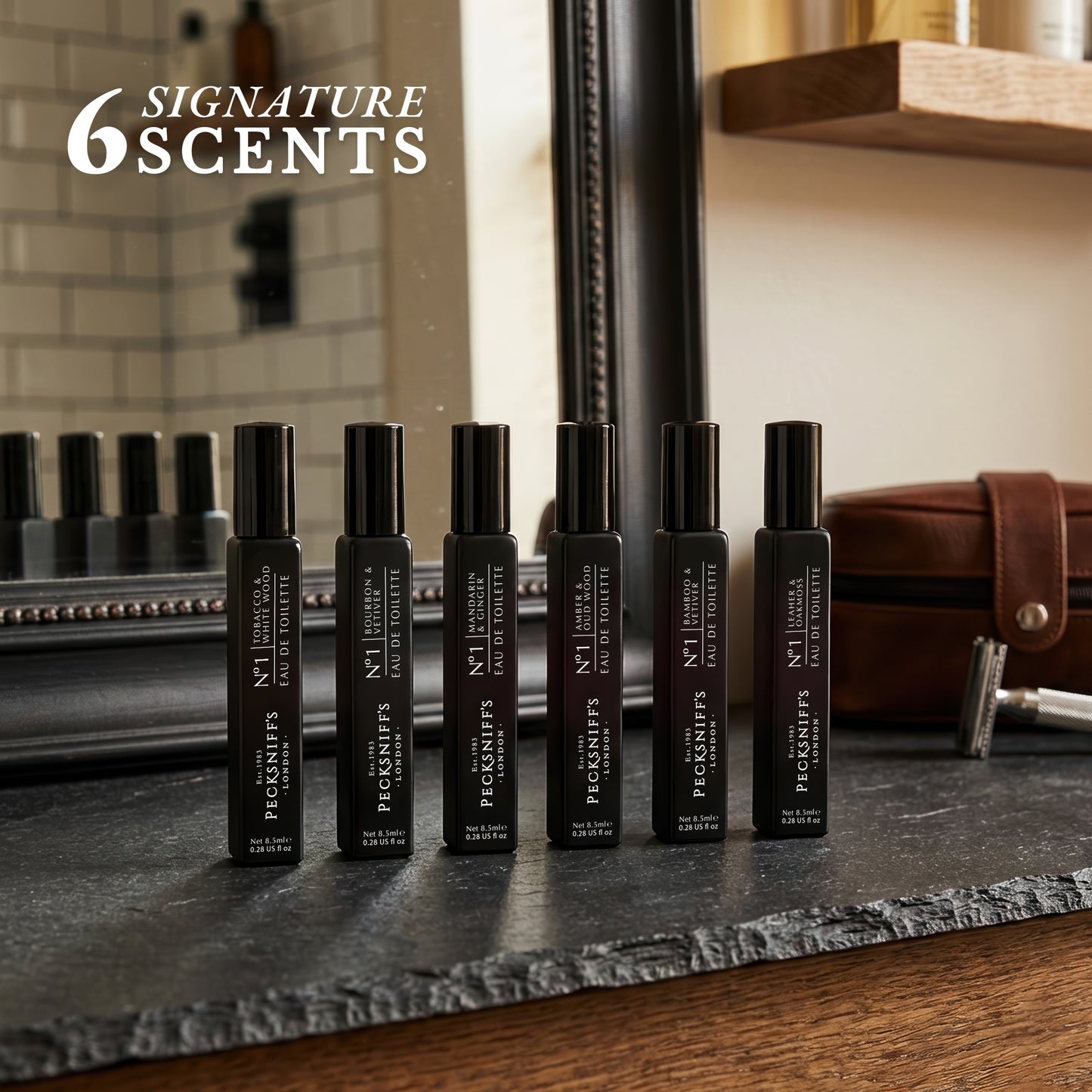 Pecksniff’s Men’s Essentials Fragrance Gift Set – 6x10 ml Eau de Toilette Collection – Luxury Mini Cologne Sampler, Made in England