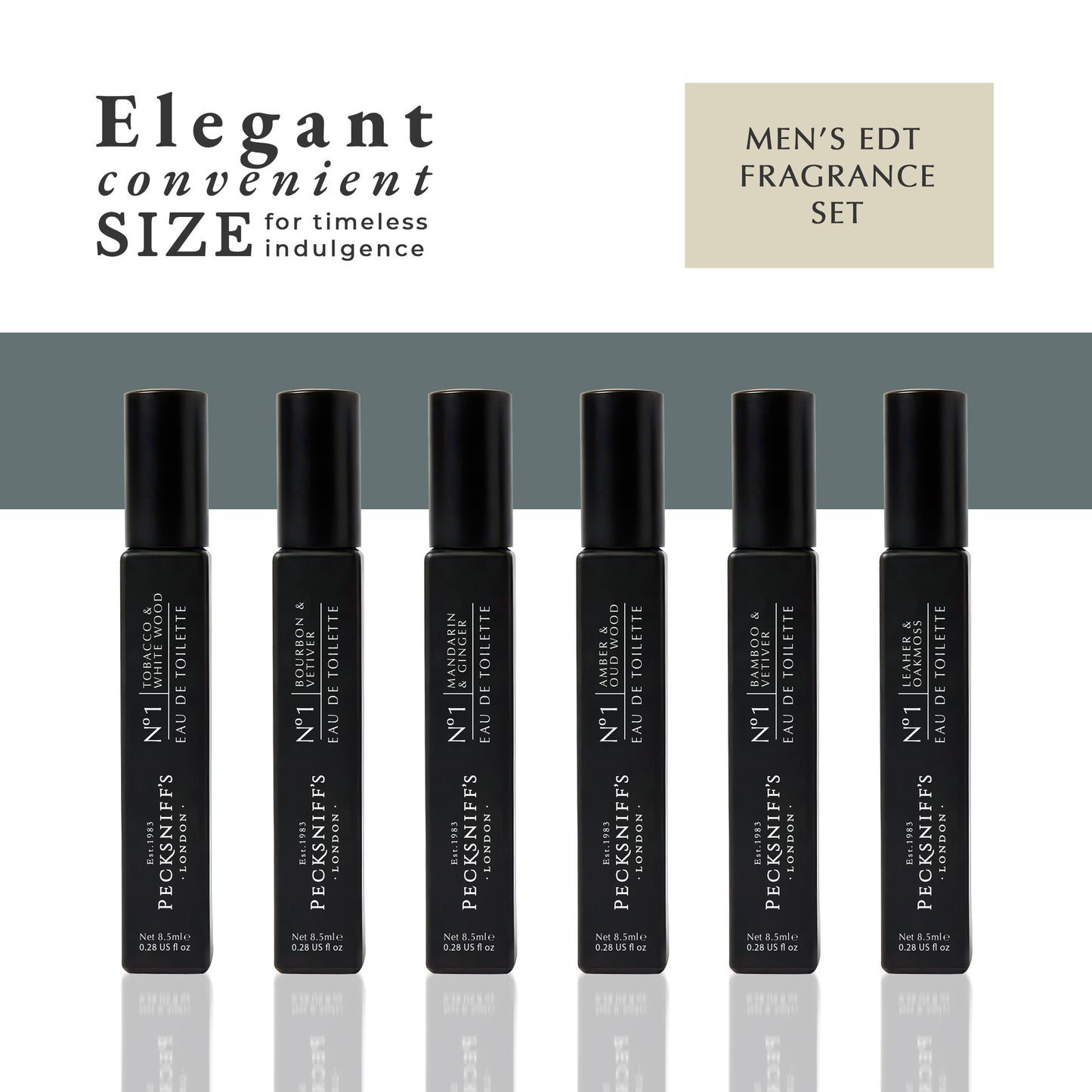 Pecksniff’s Men’s Essentials Fragrance Gift Set – 6x10 ml Eau de Toilette Collection – Luxury Mini Cologne Sampler, Made in England