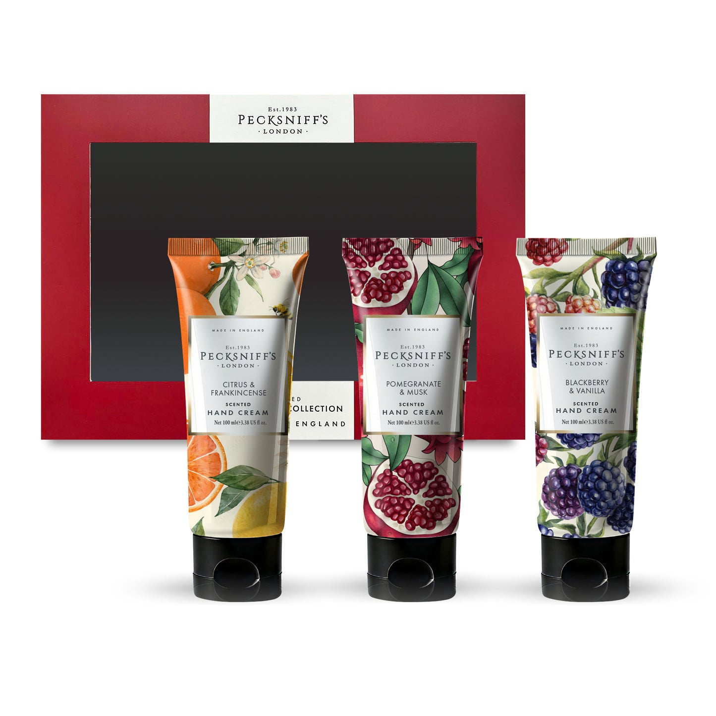 Pecksniff’s Enchanted Winter Hand Cream Collection – 3 Pack 100ml Tubes – Luxury Moisturizing Gift Set for Women & Men with Citrus & Frankincense, Pomegranate & Musk, Blackberry & Vanilla