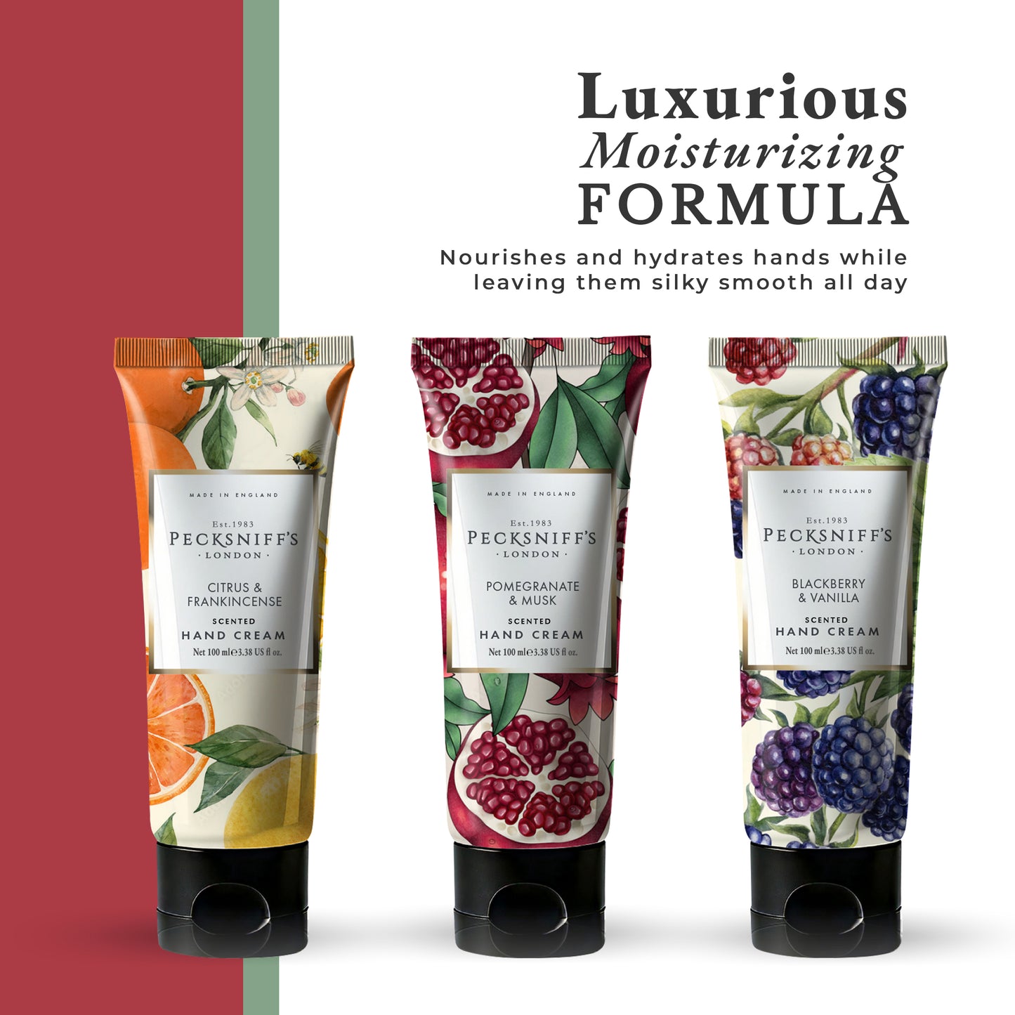 Pecksniff’s Enchanted Winter Hand Cream Collection – 3 Pack 100ml Tubes – Luxury Moisturizing Gift Set for Women & Men with Citrus & Frankincense, Pomegranate & Musk, Blackberry & Vanilla