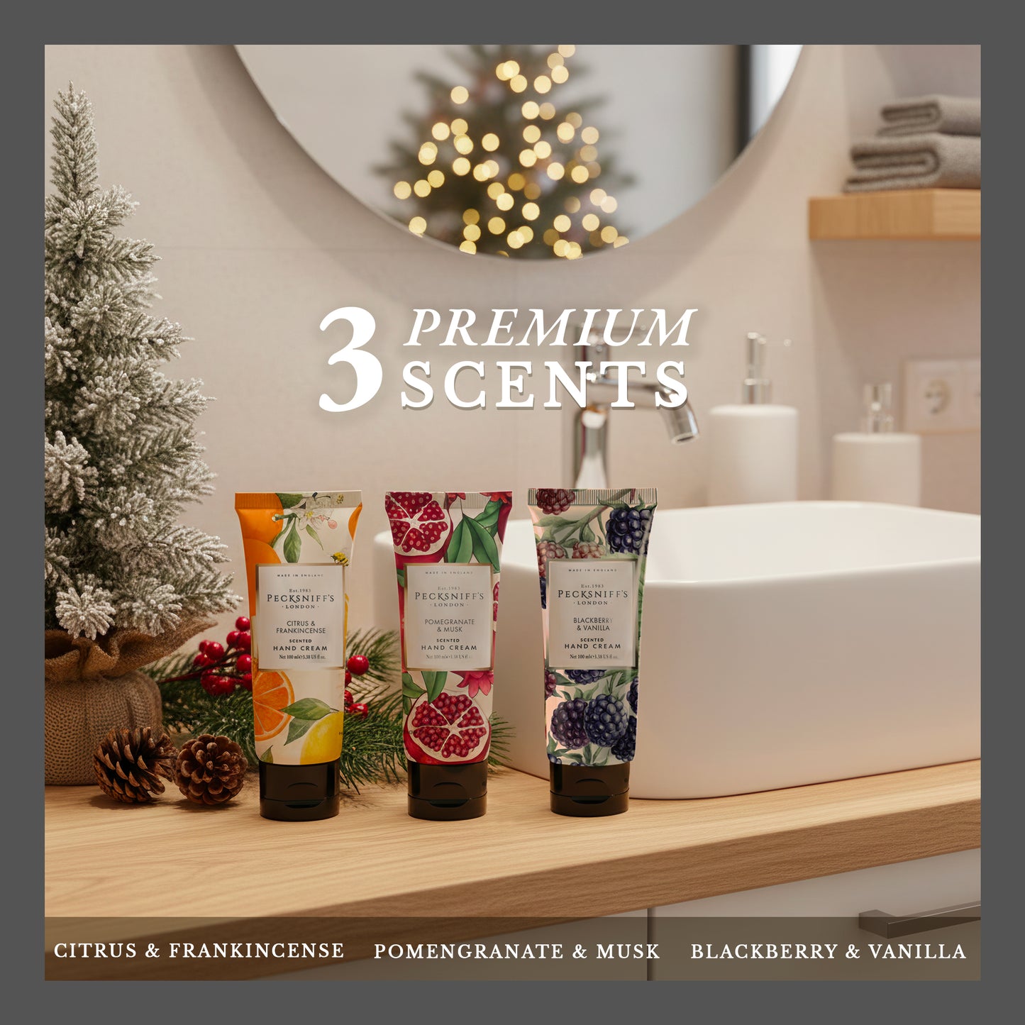 Pecksniff’s Enchanted Winter Hand Cream Collection – 3 Pack 100ml Tubes – Luxury Moisturizing Gift Set for Women & Men with Citrus & Frankincense, Pomegranate & Musk, Blackberry & Vanilla