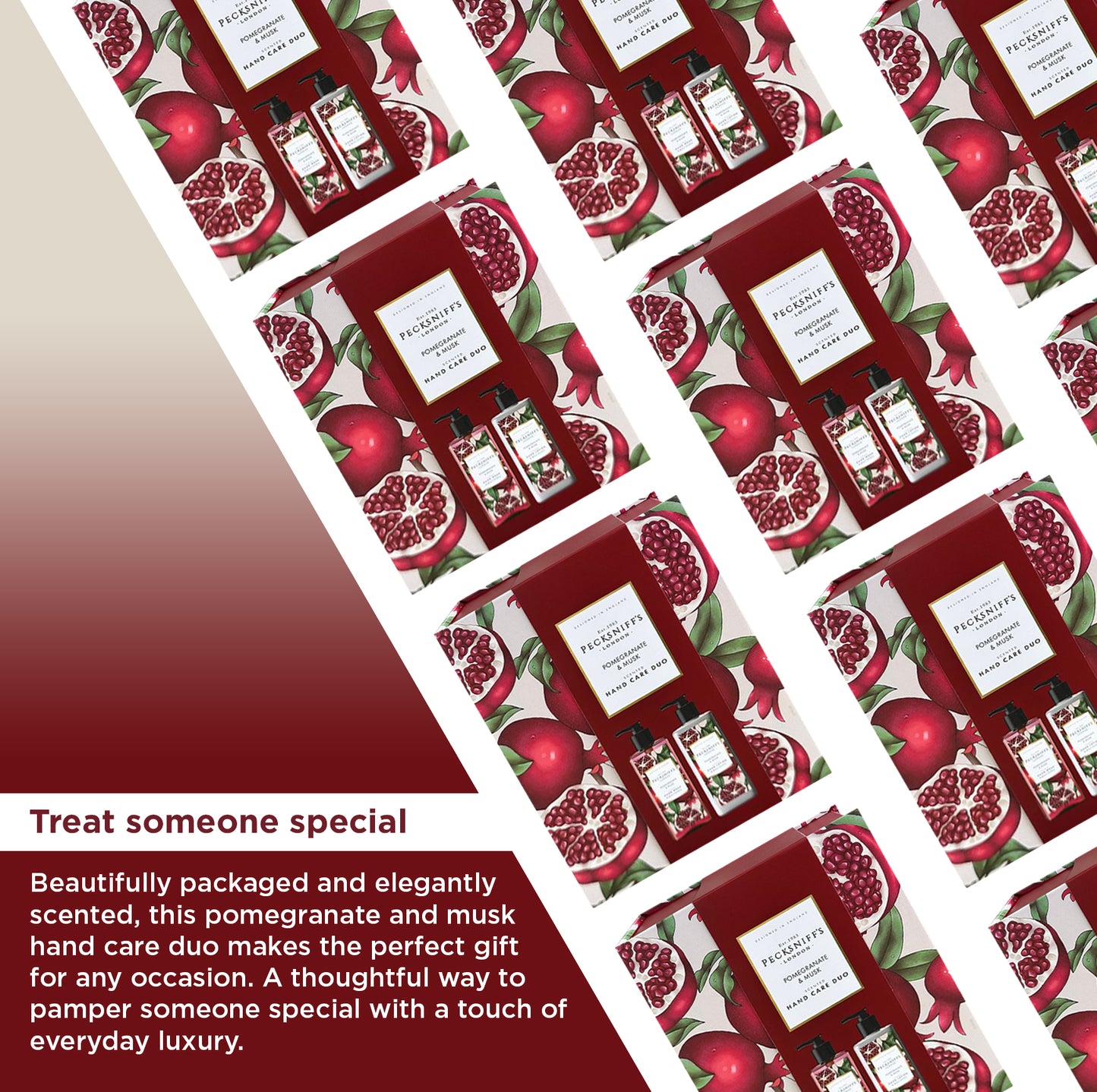 Pecksniff’s Enchanted Winter Hand Care Duo, Pomegranate & Musk, Hard Box Gift Set with 300ml Hand Wash and 300ml Hand Lotion, Designed in England