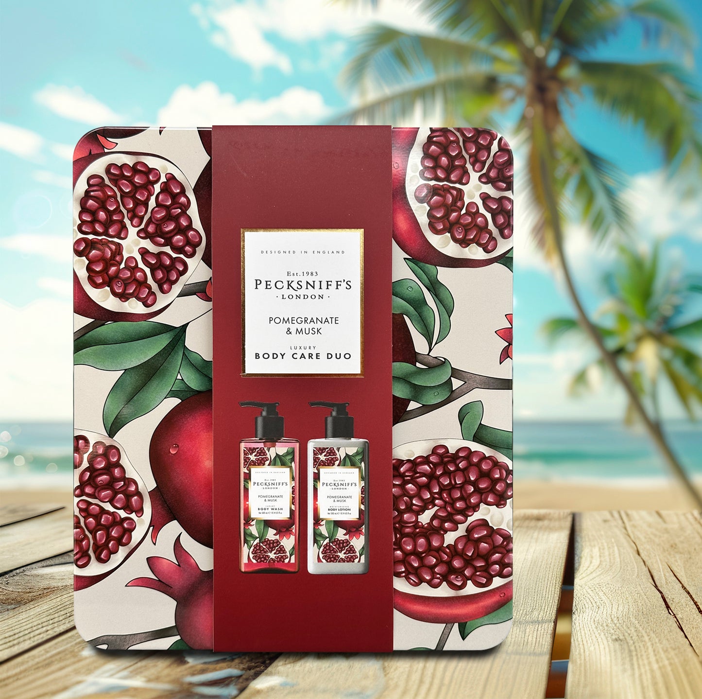 Pecksniff’s Body Care Duo Tin Box – Enchanted Pomegranate & Musk 300ml Body Wash and 300ml Body Lotion Gift Set, Luxury Skincare Collection with Reusable Tin, Hydrating & Nourishing Daily Care