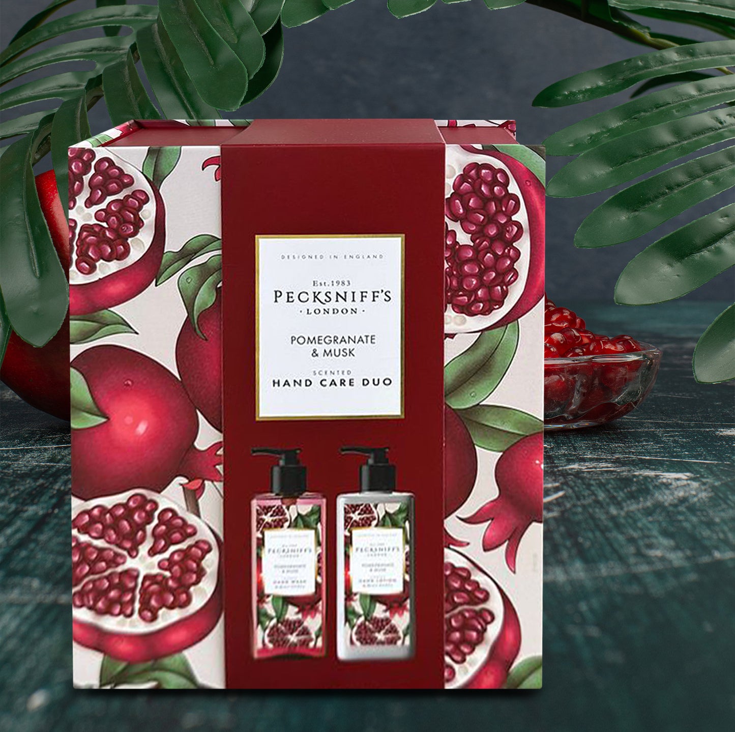 Pecksniff’s Enchanted Winter Hand Care Duo, Pomegranate & Musk, Hard Box Gift Set with 300ml Hand Wash and 300ml Hand Lotion, Designed in England