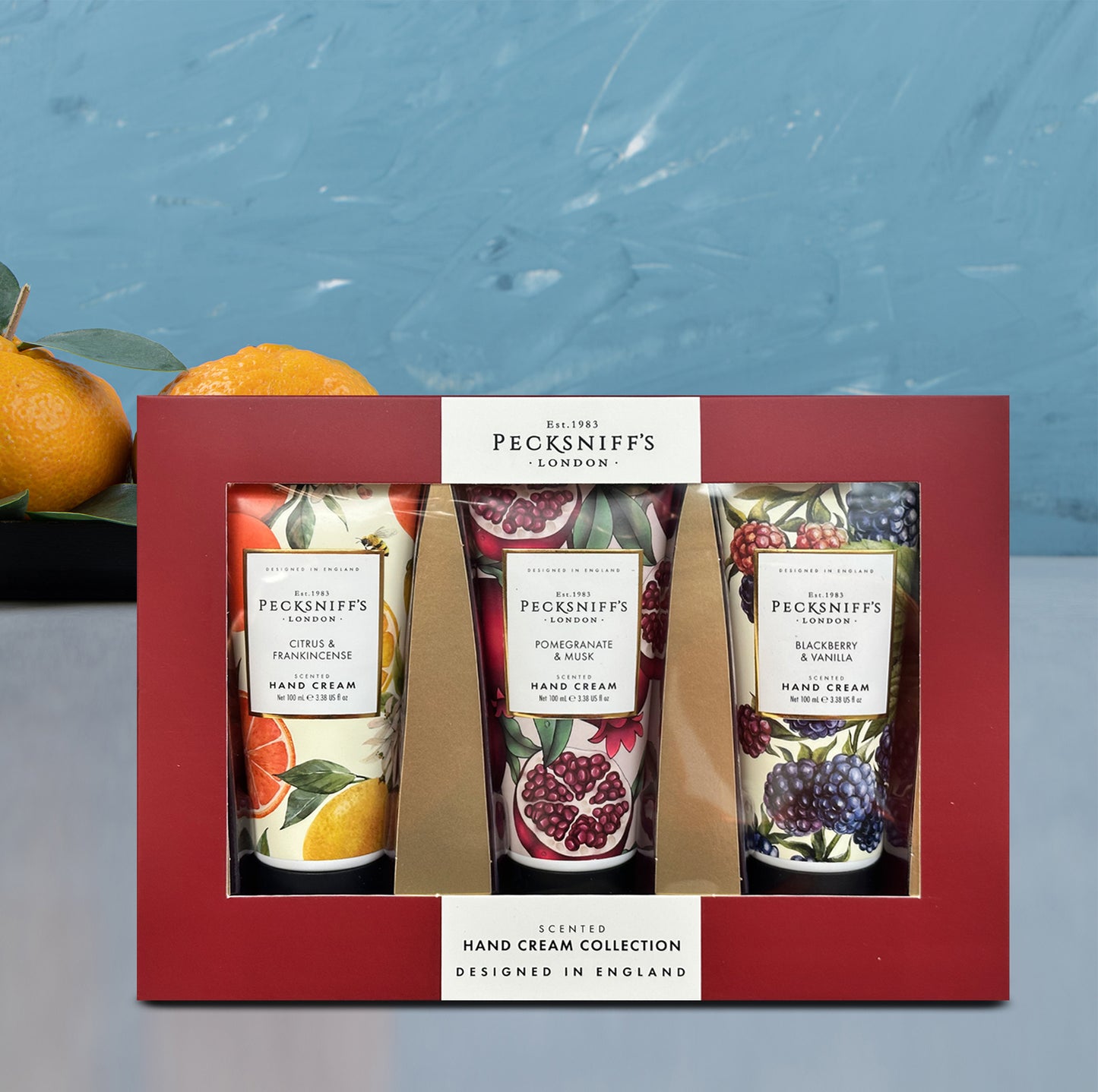 Pecksniff’s Enchanted Winter Hand Cream Collection – 3 Pack 100ml Tubes – Luxury Moisturizing Gift Set for Women & Men with Citrus & Frankincense, Pomegranate & Musk, Blackberry & Vanilla