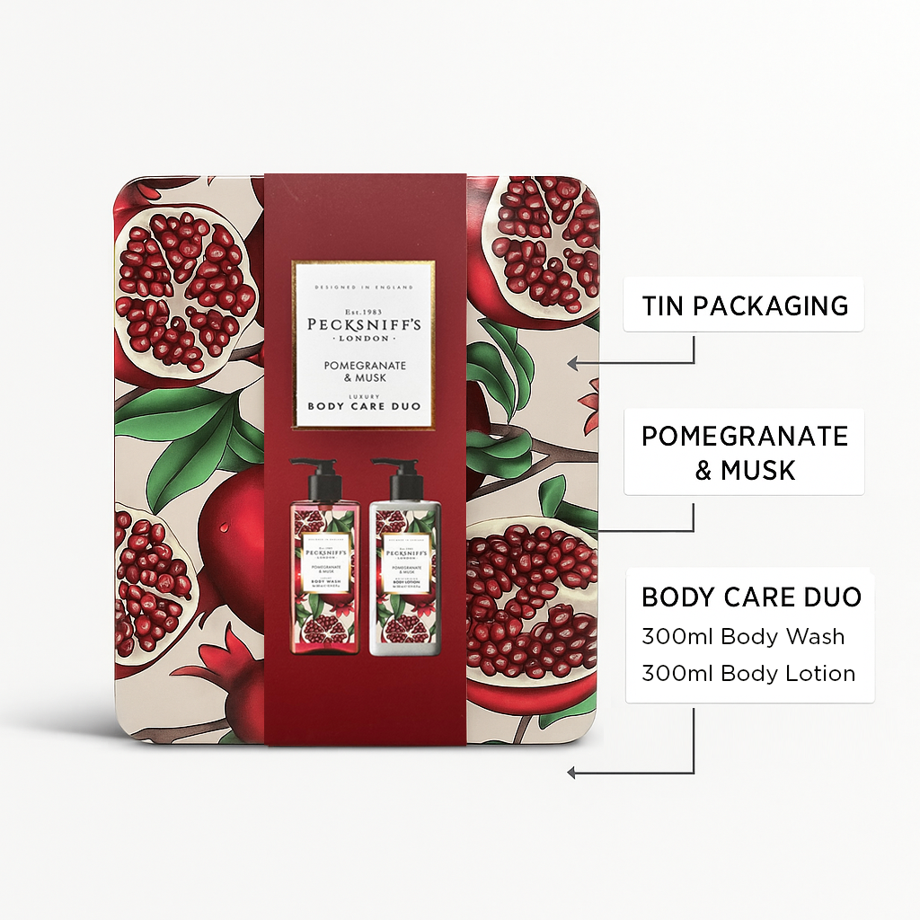 Pecksniff’s Body Care Duo Tin Box – Enchanted Pomegranate & Musk 300ml Body Wash and 300ml Body Lotion Gift Set, Luxury Skincare Collection with Reusable Tin, Hydrating & Nourishing Daily Care