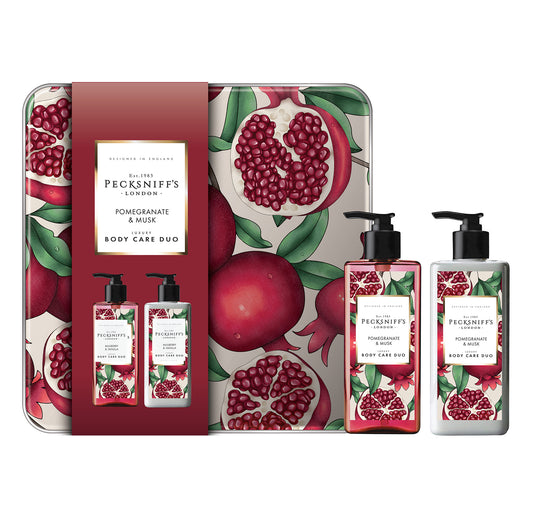 Pecksniff’s Body Care Duo Tin Box – Enchanted Pomegranate & Musk 300ml Body Wash and 300ml Body Lotion Gift Set, Luxury Skincare Collection with Reusable Tin, Hydrating & Nourishing Daily Care