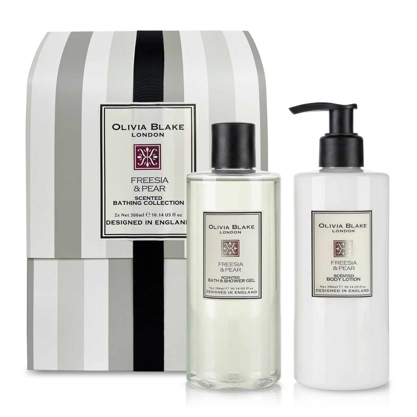 Olivia Blake Freesia & Pear Bathing Collection Gift Set, Luxurious Bath & Body Essentials in Elegant Keepsake Box, Includes Shower Gel and Body Lotion, Designed in England, 300ml/10.14 fl oz