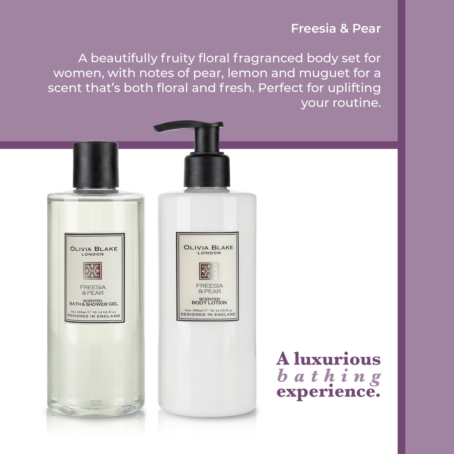 Olivia Blake Freesia & Pear Bathing Collection Gift Set, Luxurious Bath & Body Essentials in Elegant Keepsake Box, Includes Shower Gel and Body Lotion, Designed in England, 300ml/10.14 fl oz