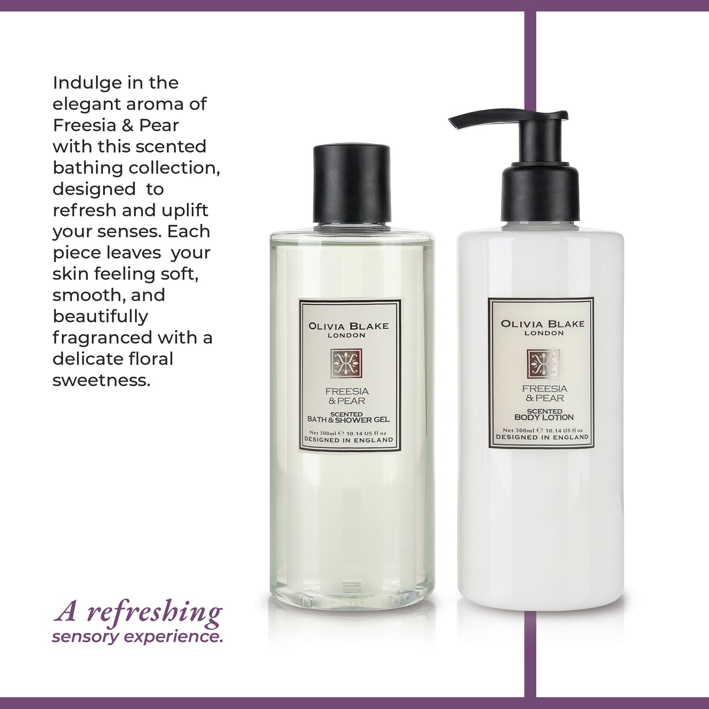 Olivia Blake Freesia & Pear Bathing Collection Gift Set, Luxurious Bath & Body Essentials in Elegant Keepsake Box, Includes Shower Gel and Body Lotion, Designed in England, 300ml/10.14 fl oz