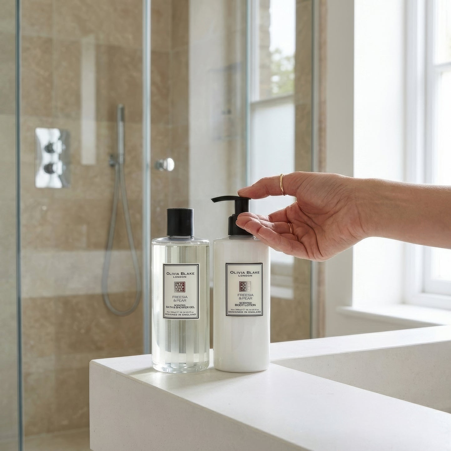 Olivia Blake Freesia & Pear Bathing Collection Gift Set, Luxurious Bath & Body Essentials in Elegant Keepsake Box, Includes Shower Gel and Body Lotion, Designed in England, 300ml/10.14 fl oz