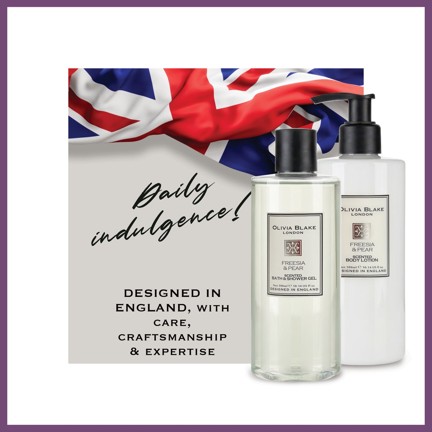 Olivia Blake Freesia & Pear Bathing Collection Gift Set, Luxurious Bath & Body Essentials in Elegant Keepsake Box, Includes Shower Gel and Body Lotion, Designed in England, 300ml/10.14 fl oz