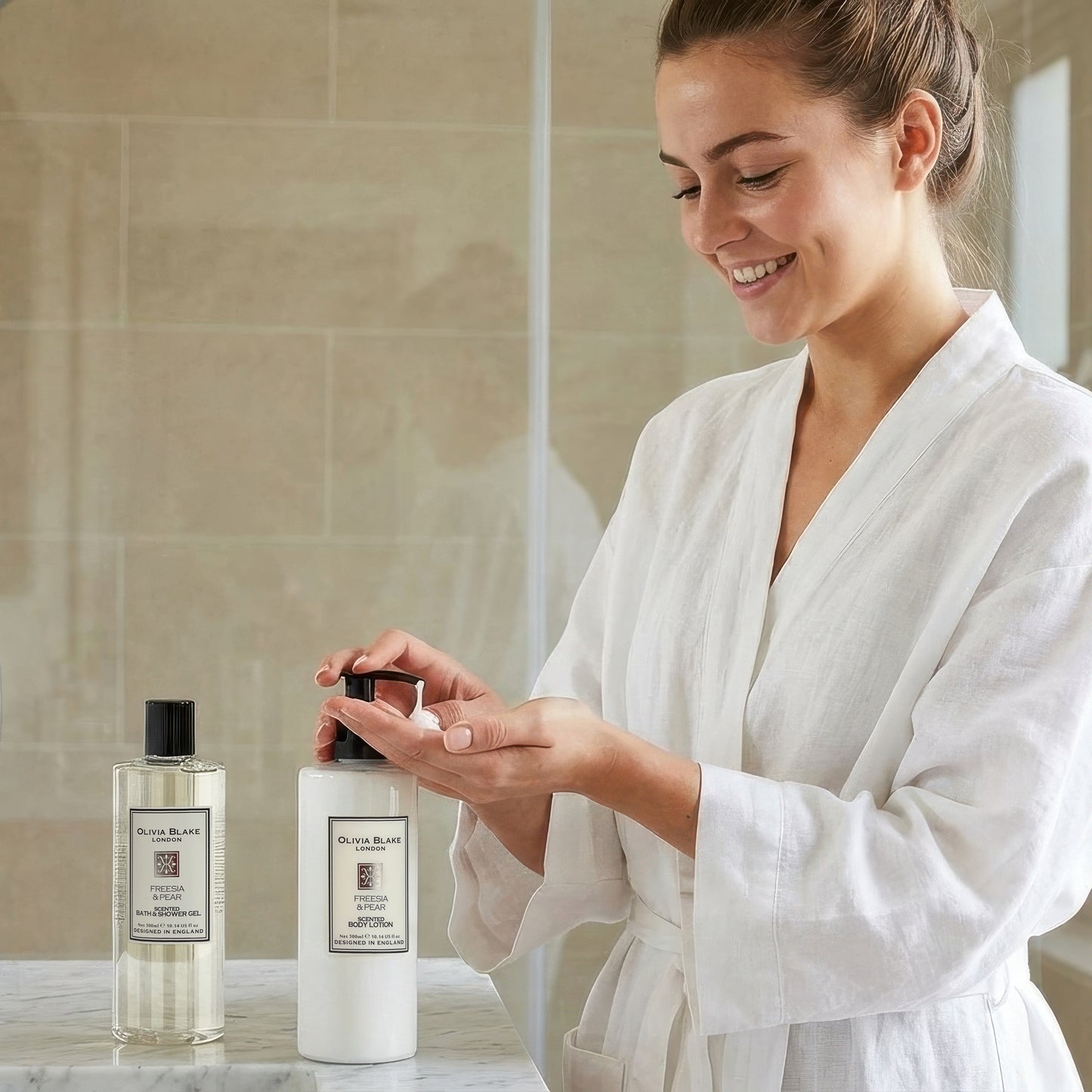 Olivia Blake Freesia & Pear Bathing Collection Gift Set, Luxurious Bath & Body Essentials in Elegant Keepsake Box, Includes Shower Gel and Body Lotion, Designed in England, 300ml/10.14 fl oz