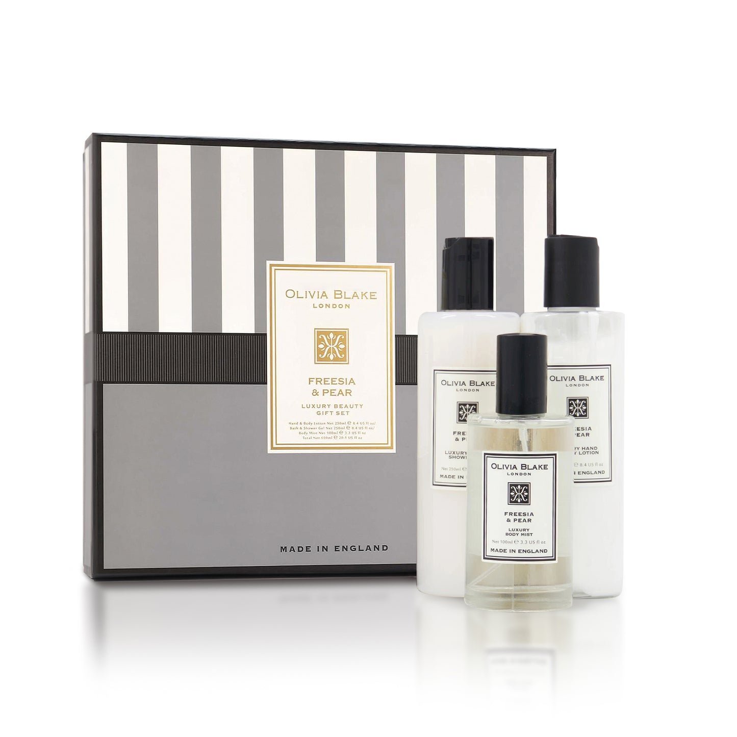Olivia Blake Freesia & Pear Trio Gift Set – 100 ml/3.38 fl oz Body Mist, 250 ml/8.45 fl oz Shower Gel, 250 ml/8.45 fl oz Body Lotion – Luxurious Everyday Essentials for Women