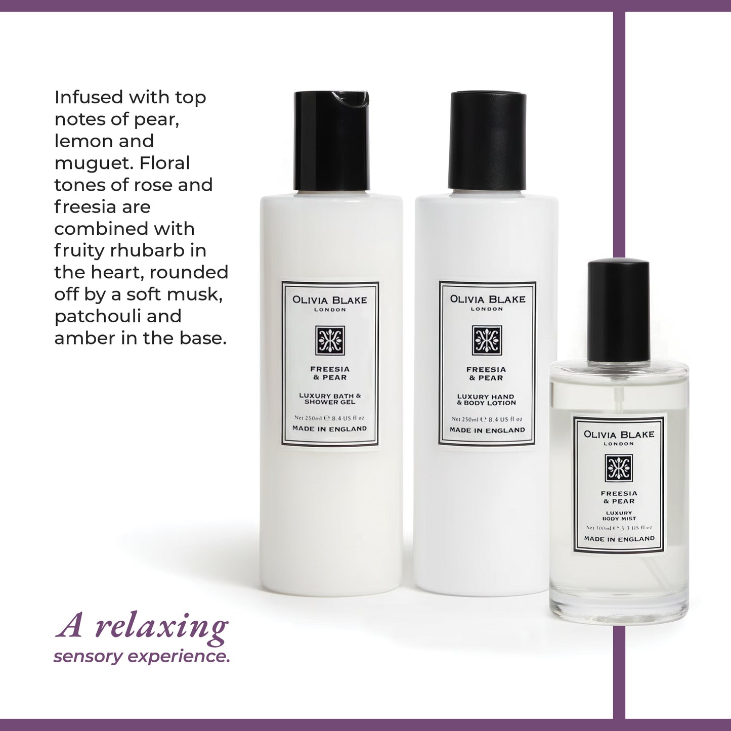 Olivia Blake Freesia & Pear Trio Gift Set – 100 ml/3.38 fl oz Body Mist, 250 ml/8.45 fl oz Shower Gel, 250 ml/8.45 fl oz Body Lotion – Luxurious Everyday Essentials for Women