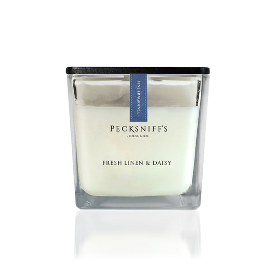 Pecksniffs Prestige Fresh Linen & Daisy Scented Square Candle | 1 Wick, 190g/6.7oz