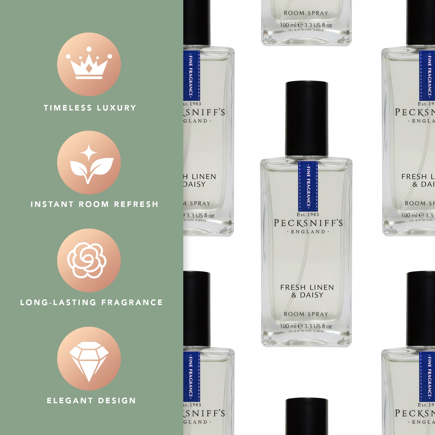 Pecksniffs Fresh Linen & Daisy Square Room Spray | 100ml/3.38 Fl Oz