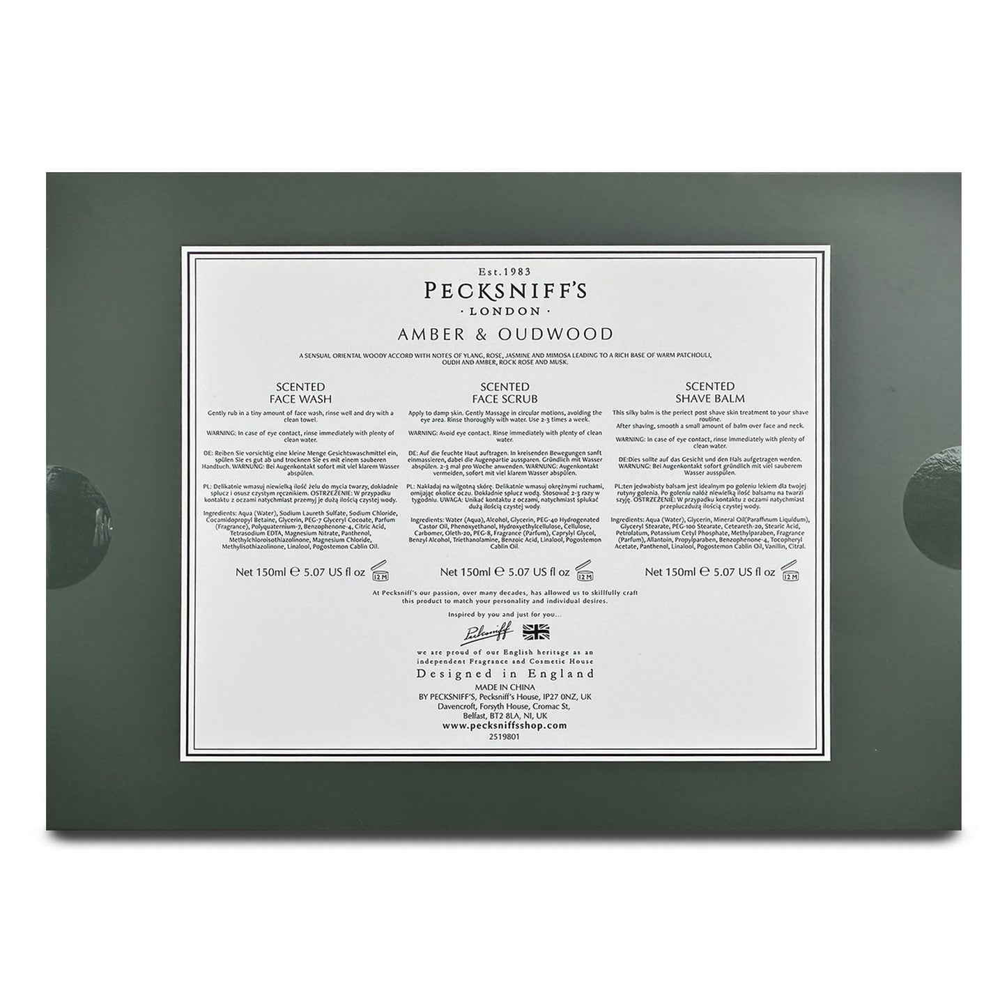 Pecksniff’s Men’s Trio Collection – Amber & Oud Wood – Face Wash, Face Scrub & Shave Balm Gift Set, 3 x 75ml