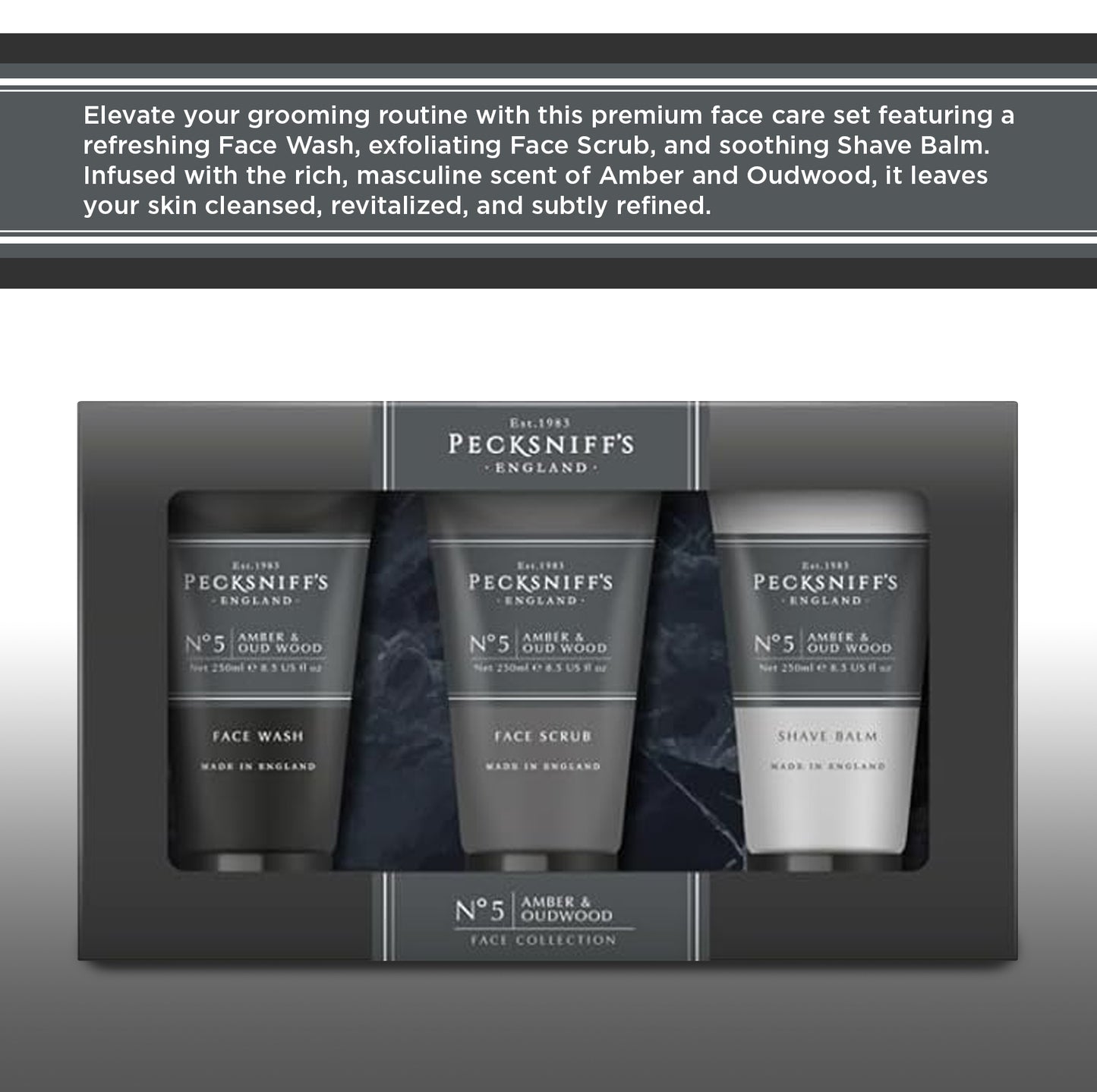 Pecksniff’s Men’s Trio Collection – Amber & Oud Wood – Face Wash, Face Scrub & Shave Balm Gift Set, 3 x 75ml