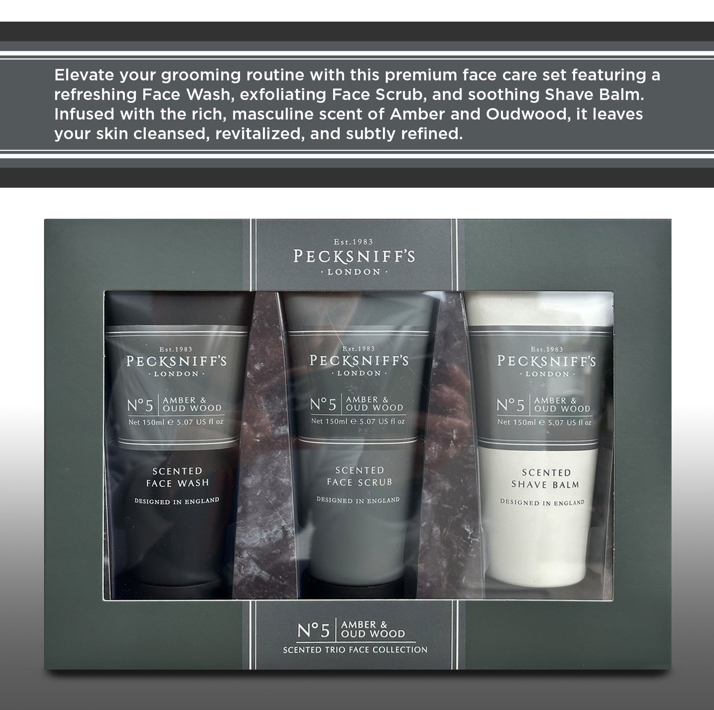 Pecksniff’s Men’s Trio Collection – Amber & Oud Wood – Face Wash, Face Scrub & Shave Balm Gift Set, 3 x 75ml