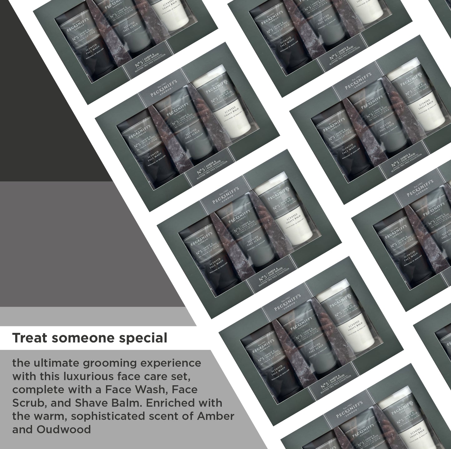 Pecksniff’s Men’s Trio Collection – Amber & Oud Wood – Face Wash, Face Scrub & Shave Balm Gift Set, 3 x 75ml