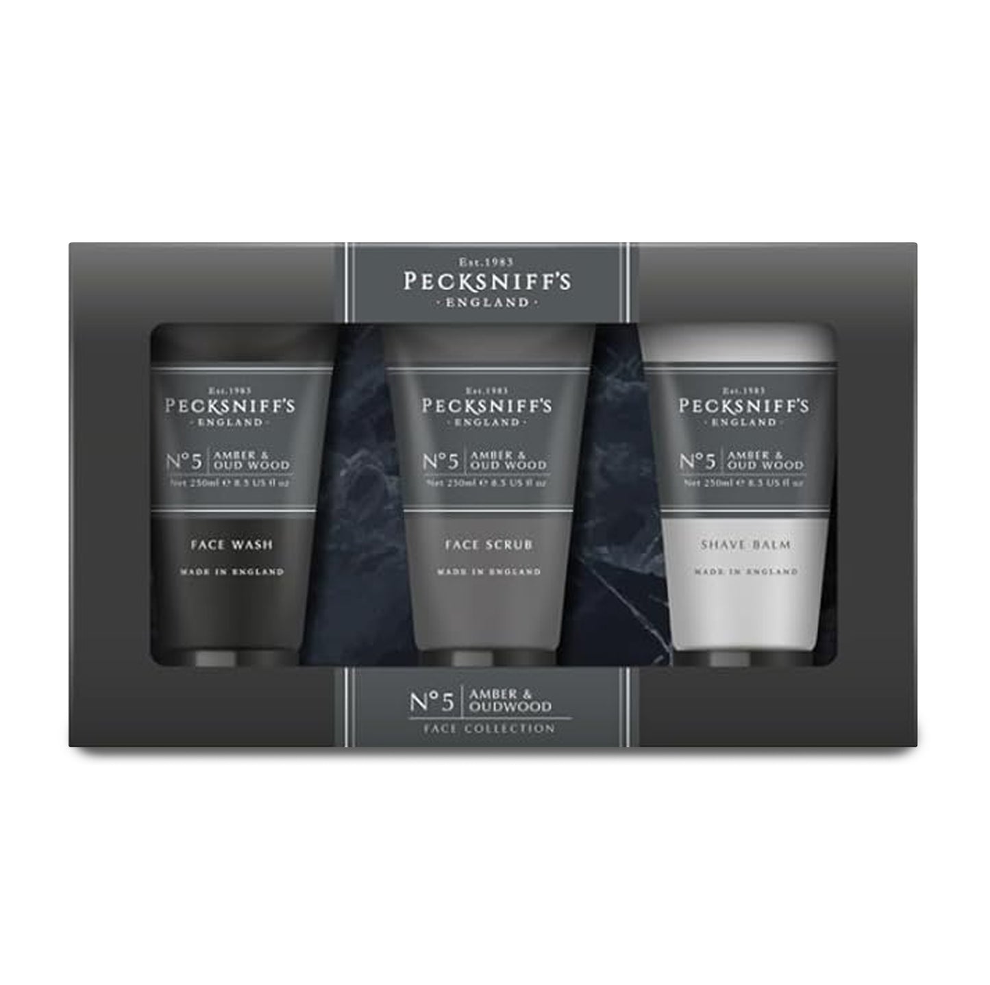 Pecksniff’s Men’s Trio Collection – Amber & Oud Wood – Face Wash, Face Scrub & Shave Balm Gift Set, 3 x 75ml