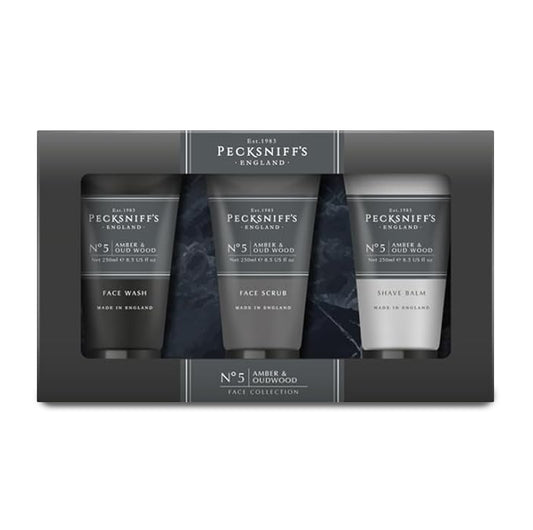 Pecksniff’s Men’s Trio Collection – Amber & Oud Wood – Face Wash, Face Scrub & Shave Balm Gift Set, 3 x 75ml