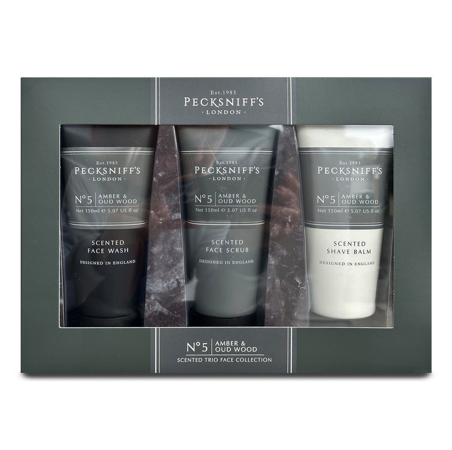 Pecksniff’s Men’s Trio Collection – Amber & Oud Wood – Face Wash, Face Scrub & Shave Balm Gift Set, 3 x 75ml