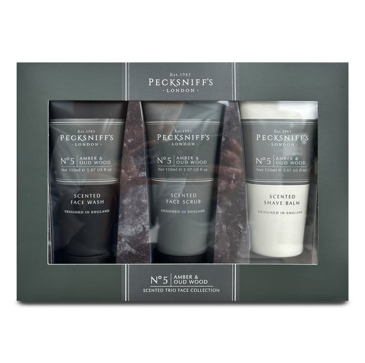 Pecksniff’s Men’s Trio Collection – Amber & Oud Wood – Face Wash, Face Scrub & Shave Balm Gift Set, 3 x 75ml