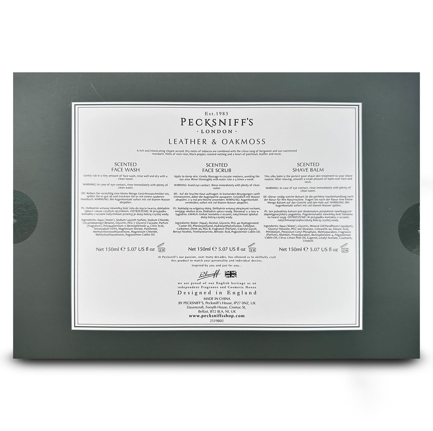 Pecksniff’s Men’s Trio Face Collection – Leather & Oakmoss – Face Wash, Face Scrub & Shave Balm Gift Set, 3 x 75ml