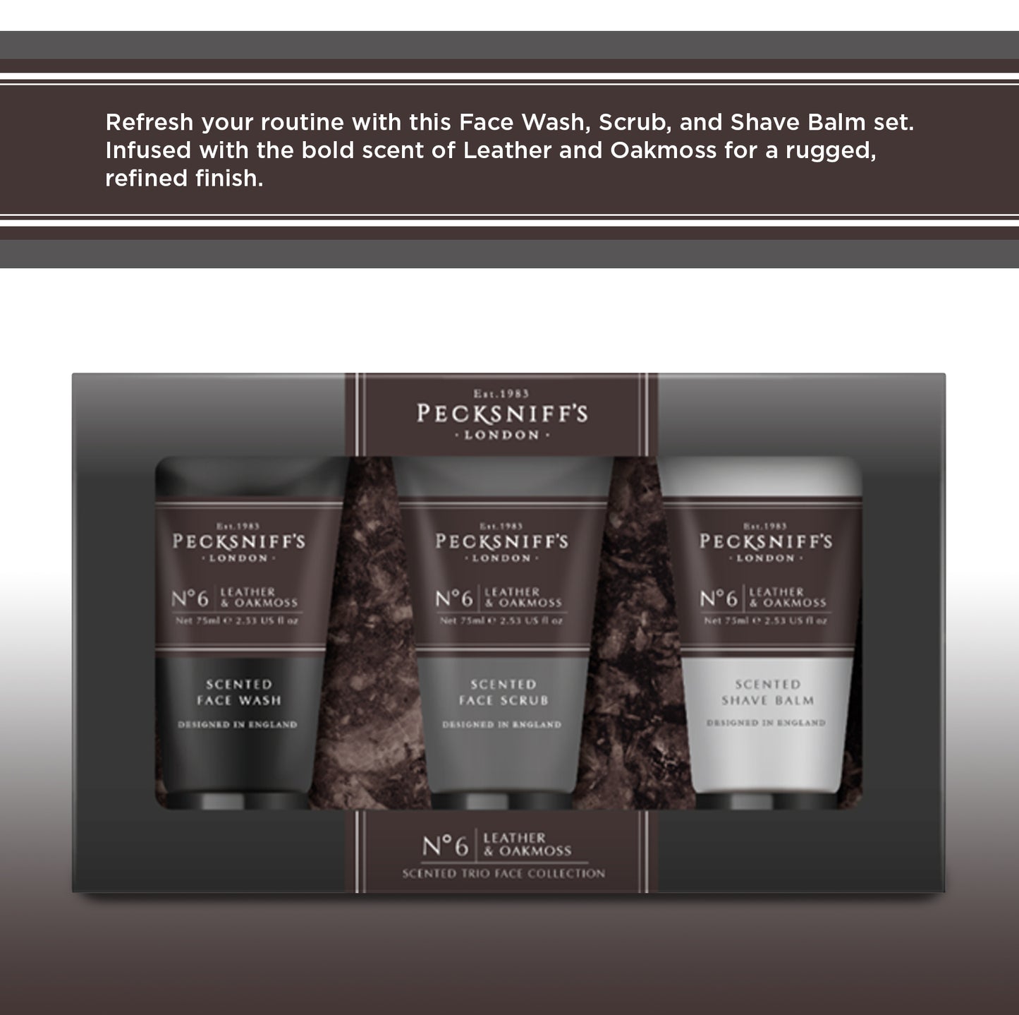 Pecksniff’s Men’s Trio Face Collection – Leather & Oakmoss – Face Wash, Face Scrub & Shave Balm Gift Set, 3 x 75ml