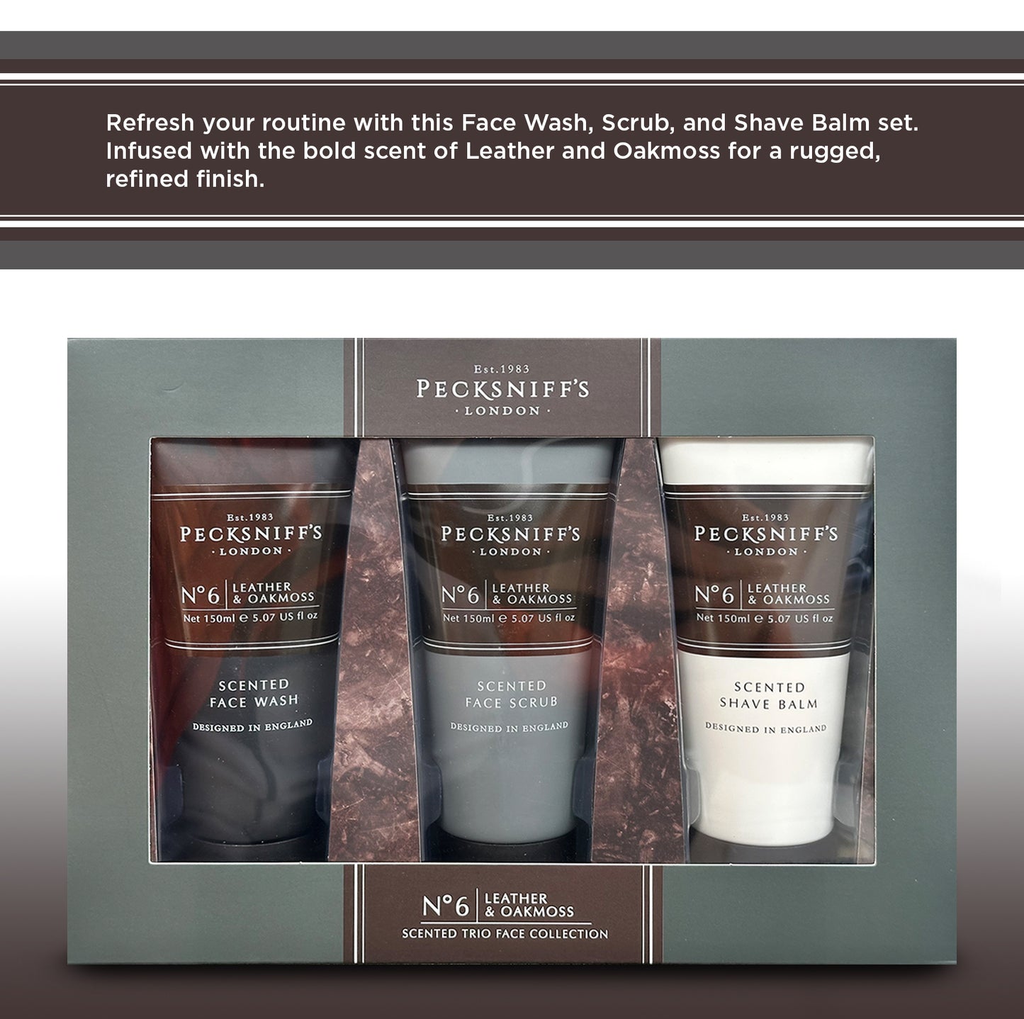 Pecksniff’s Men’s Trio Face Collection – Leather & Oakmoss – Face Wash, Face Scrub & Shave Balm Gift Set, 3 x 75ml