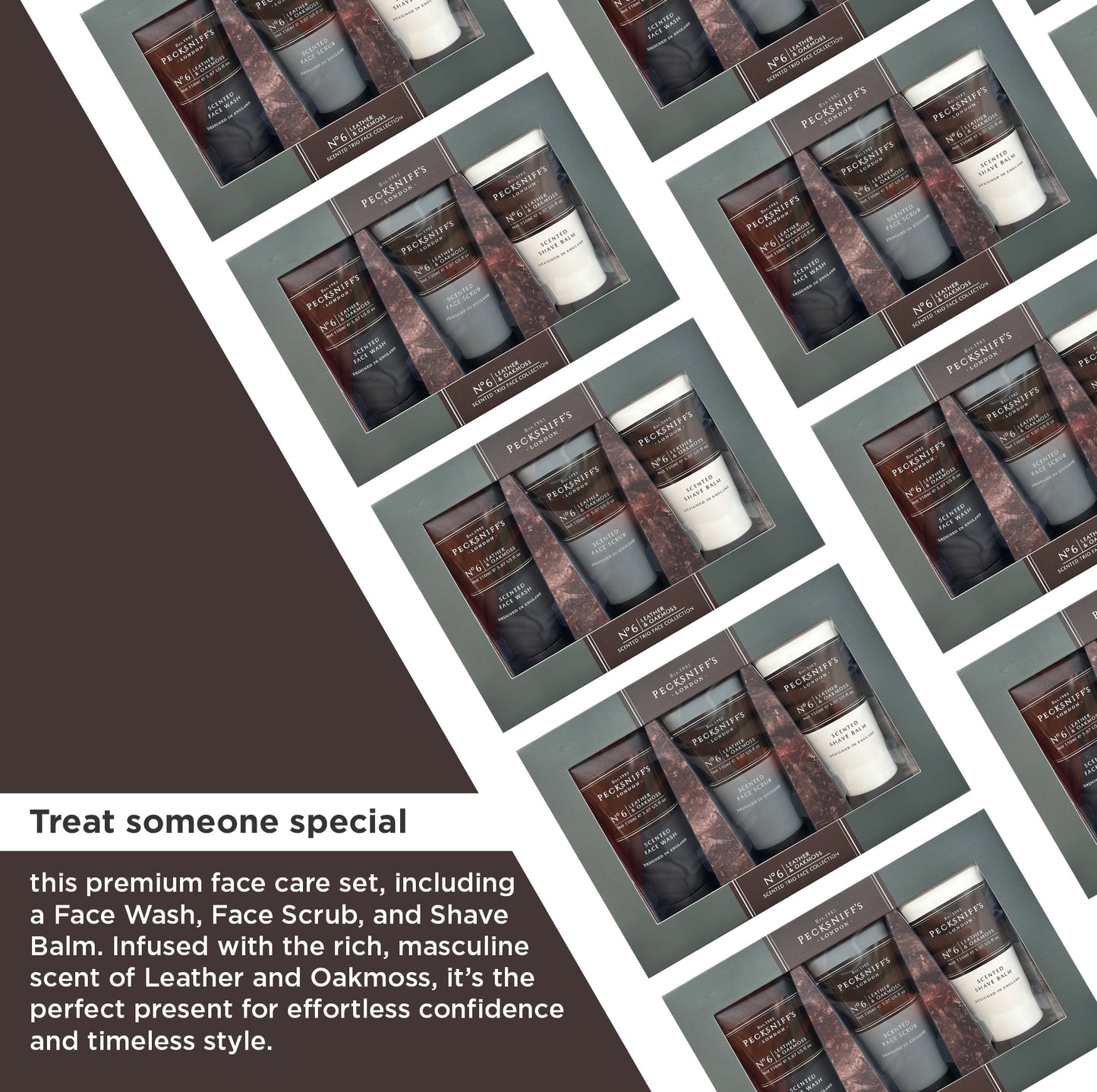 Pecksniff’s Men’s Trio Face Collection – Leather & Oakmoss – Face Wash, Face Scrub & Shave Balm Gift Set, 3 x 75ml