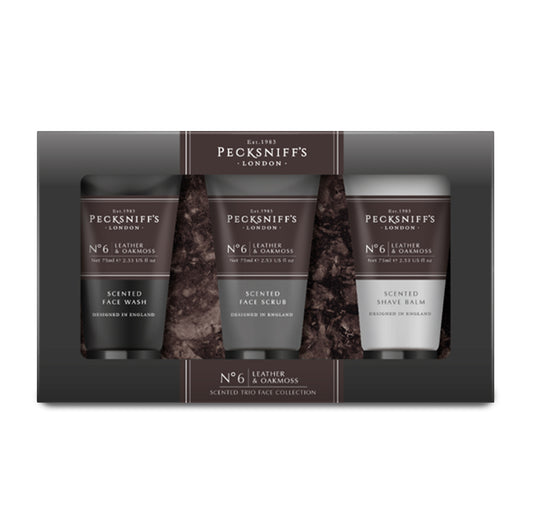 Pecksniff’s Men’s Trio Face Collection – Leather & Oakmoss – Face Wash, Face Scrub & Shave Balm Gift Set, 3 x 75ml